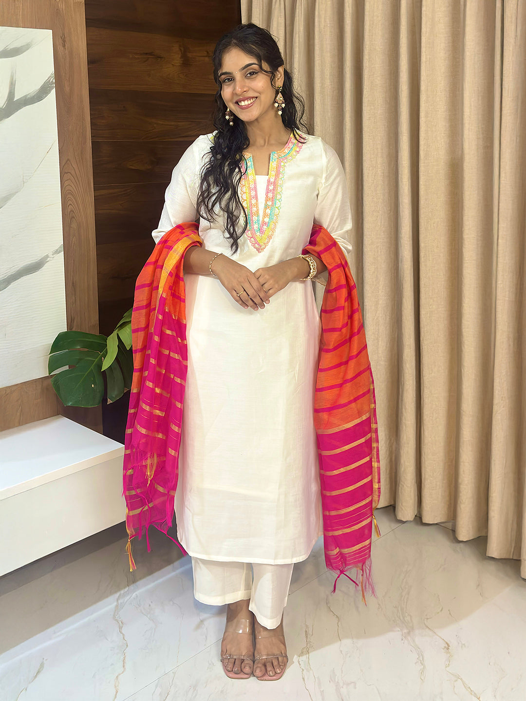 Ninnique Women's Off White Silk Blend Embellished Straight Kurta Set