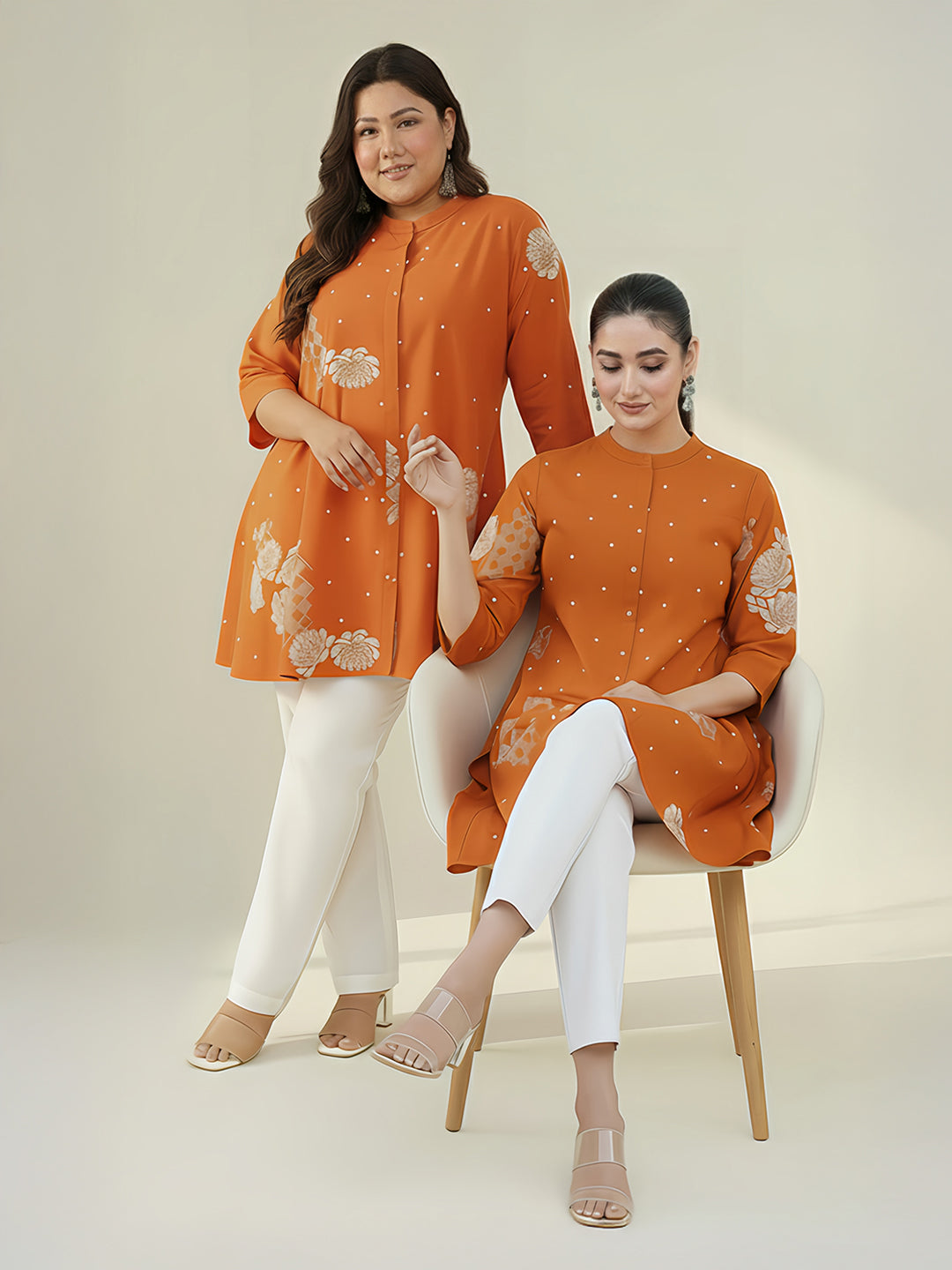 Orange Cotton Floral Printed Flared Tunic