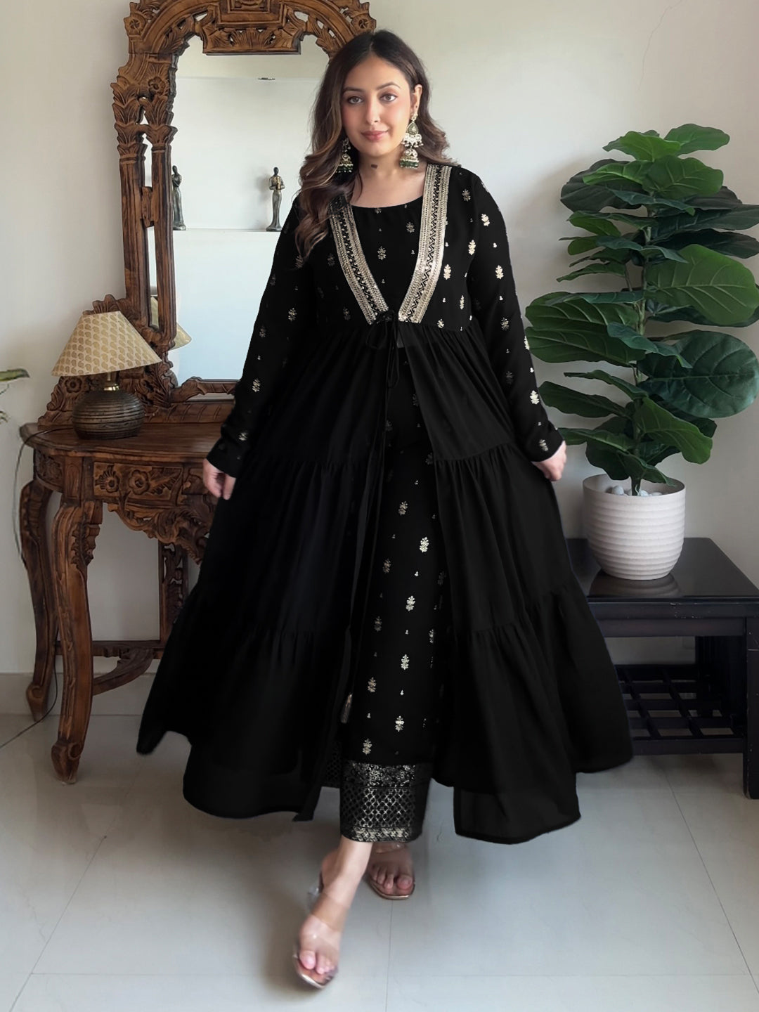 Ninnique Women's Black Georgette Embellished Foil Printed Front-open Tiered Kurta Pant Set
