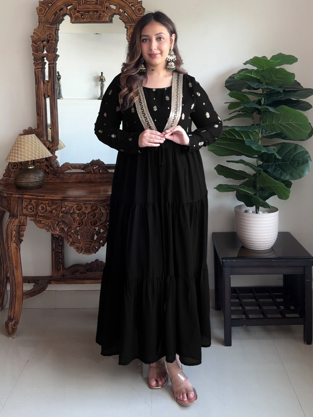 Ninnique Women's Black Georgette Embellished Foil Printed Front-open Tiered Kurta Pant Set