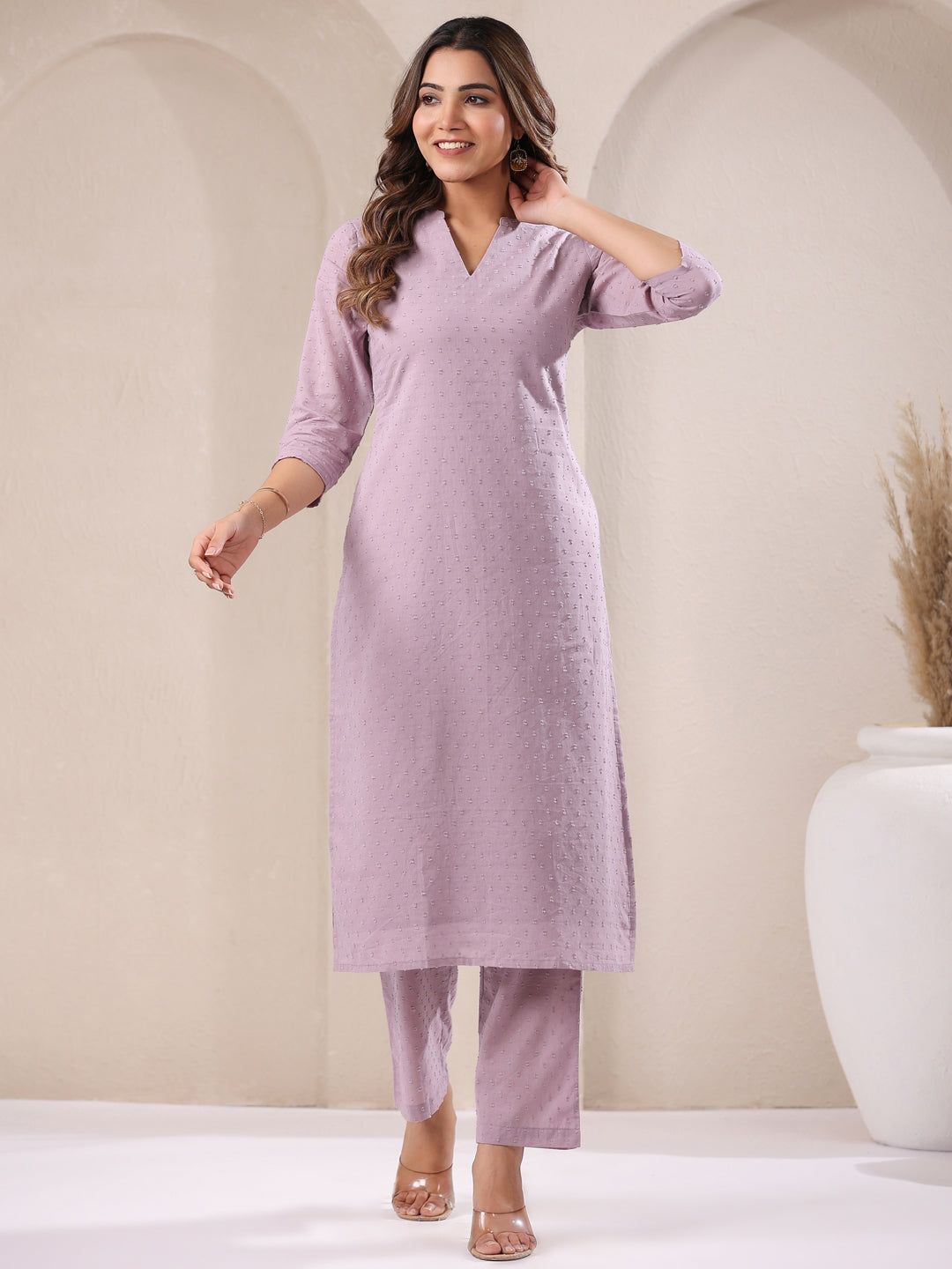 Lavender Dobby Pure Cotton Self Design Straight Kurta Pant Set