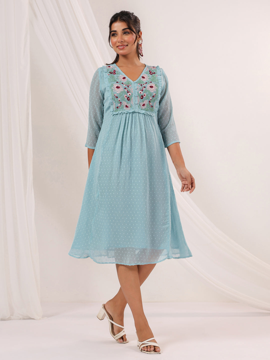 Ninnique Women's Light Blue Dobby Chiffon Embroidered A-line Dress