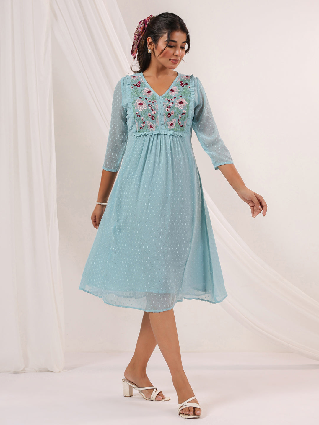 Ninnique Women's Light Blue Dobby Chiffon Embroidered A-line Dress