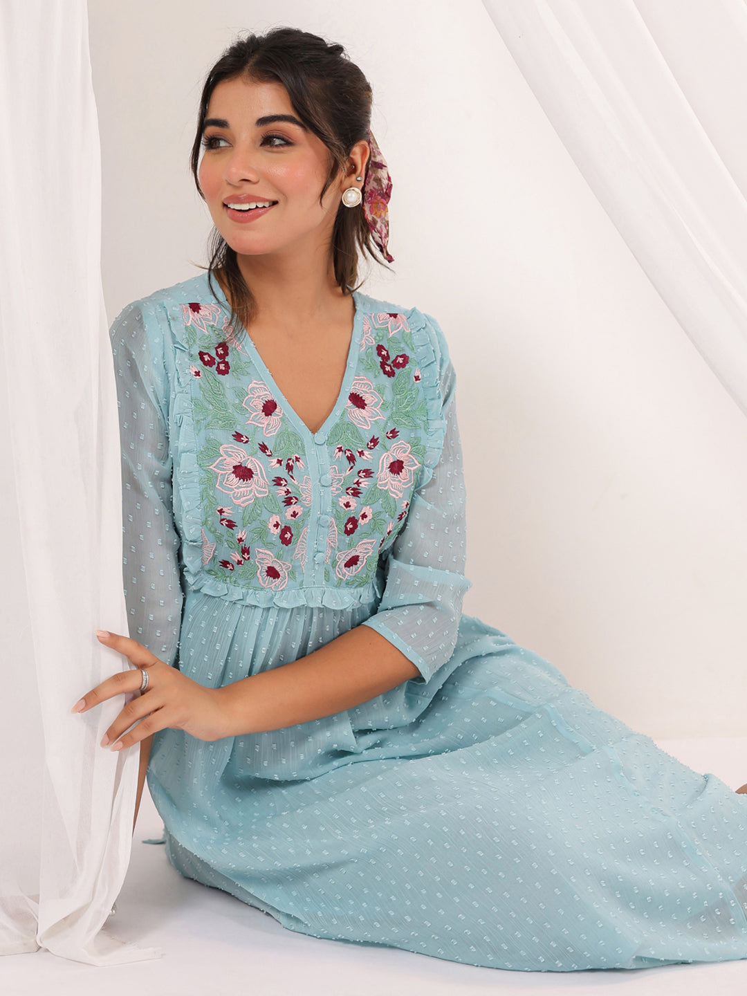 Ninnique Women's Light Blue Dobby Chiffon Embroidered A-line Dress