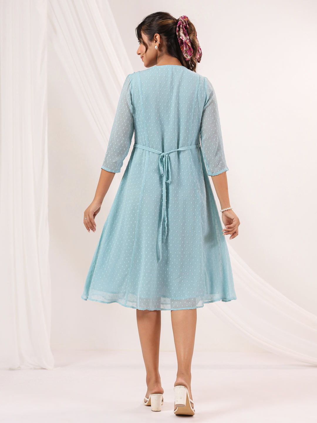 Ninnique Women's Light Blue Dobby Chiffon Embroidered A-line Dress
