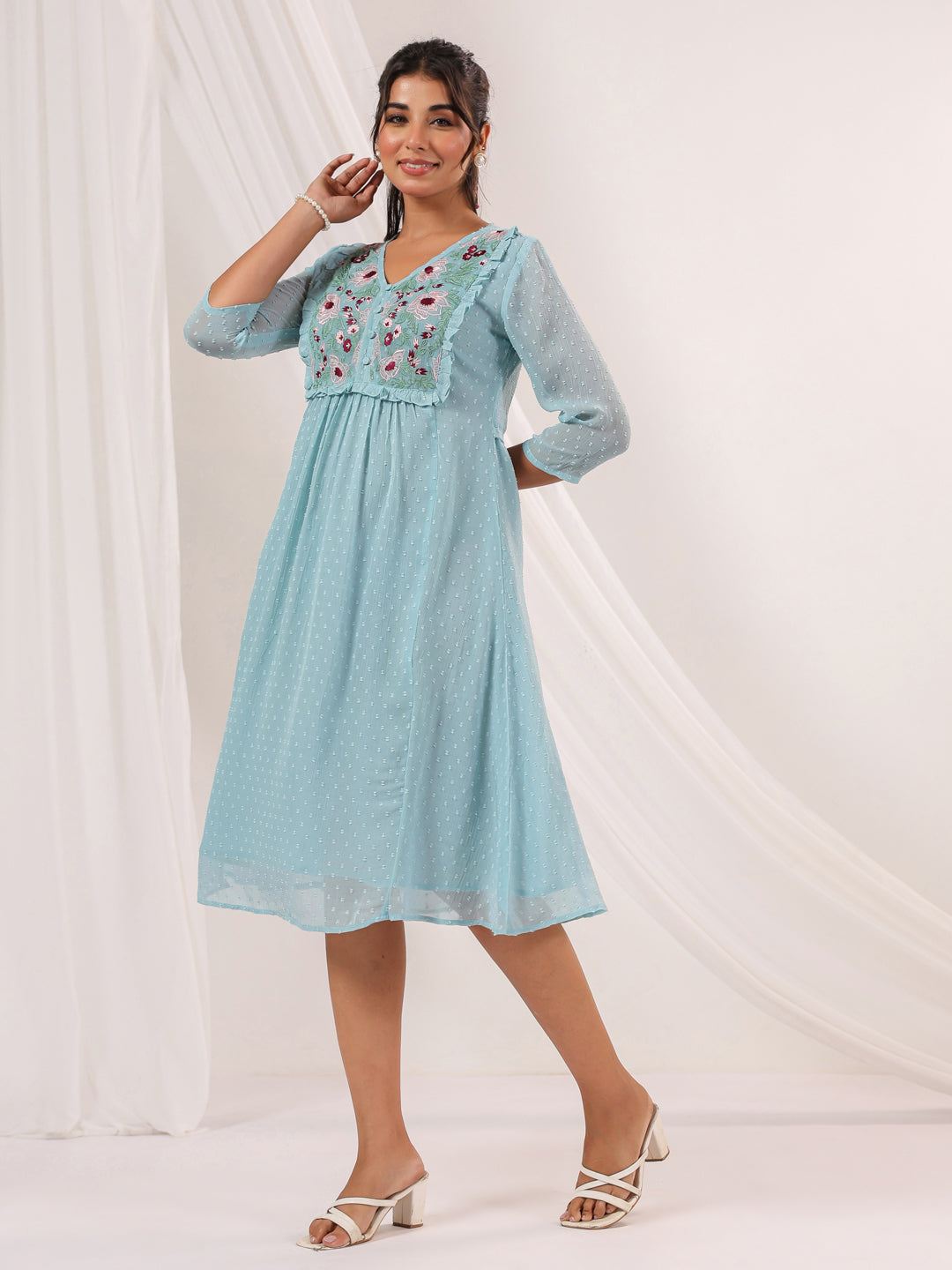 Ninnique Women's Light Blue Dobby Chiffon Embroidered A-line Dress