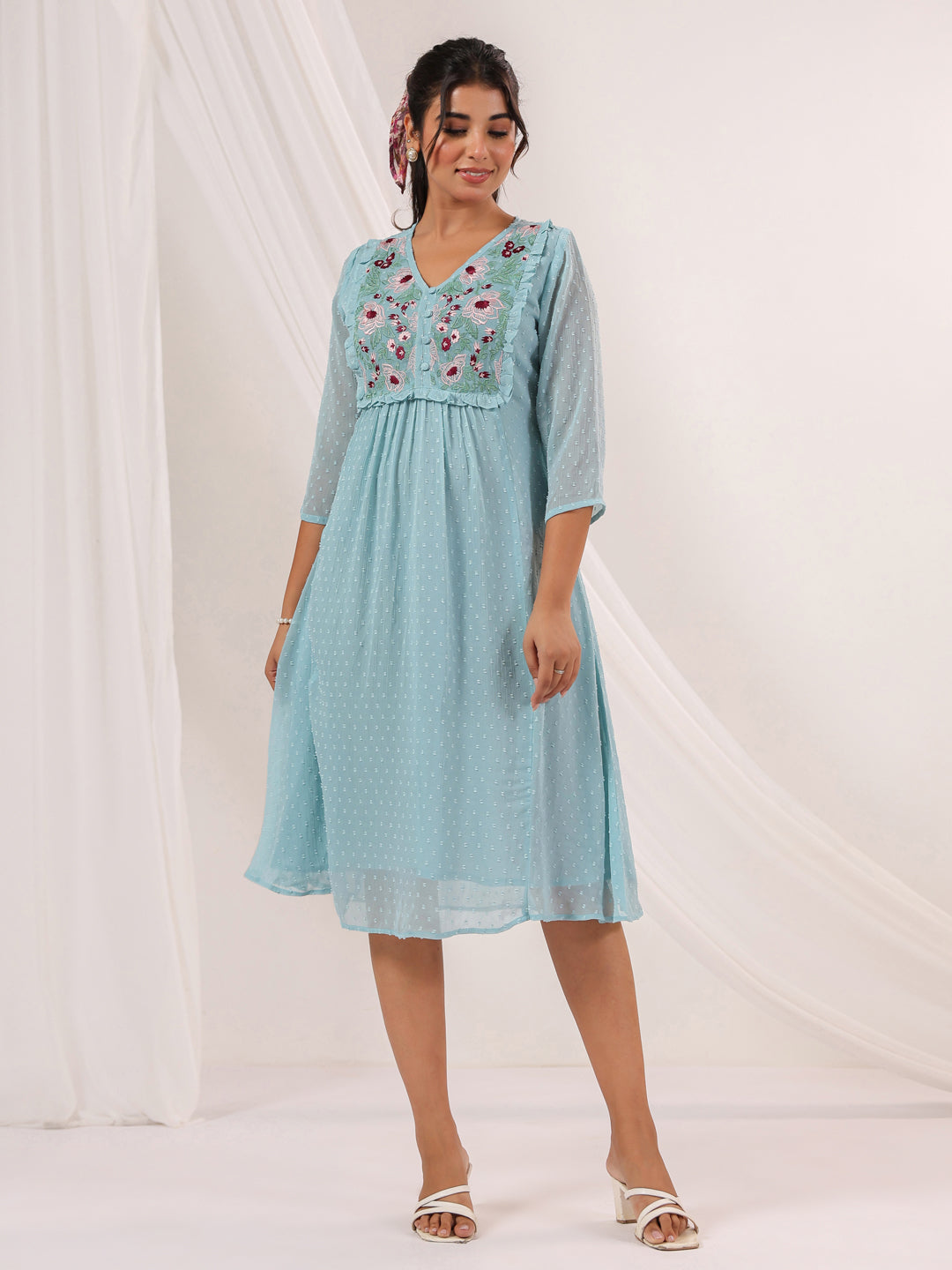 Ninnique Women's Light Blue Dobby Chiffon Embroidered A-line Dress