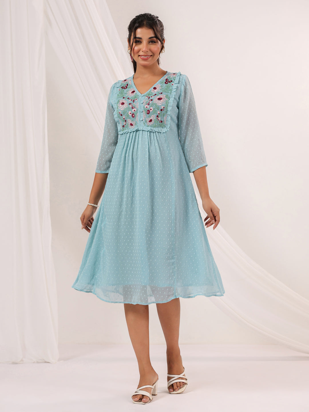 Ninnique Women's Light Blue Dobby Chiffon Embroidered A-line Dress