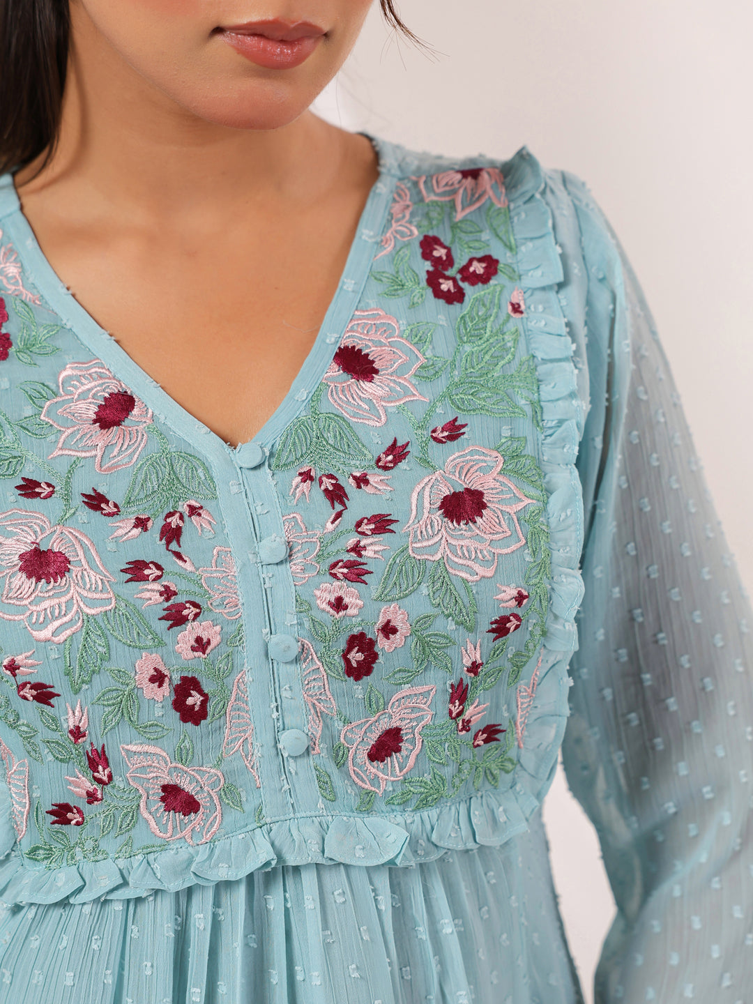 Ninnique Women's Light Blue Dobby Chiffon Embroidered A-line Dress