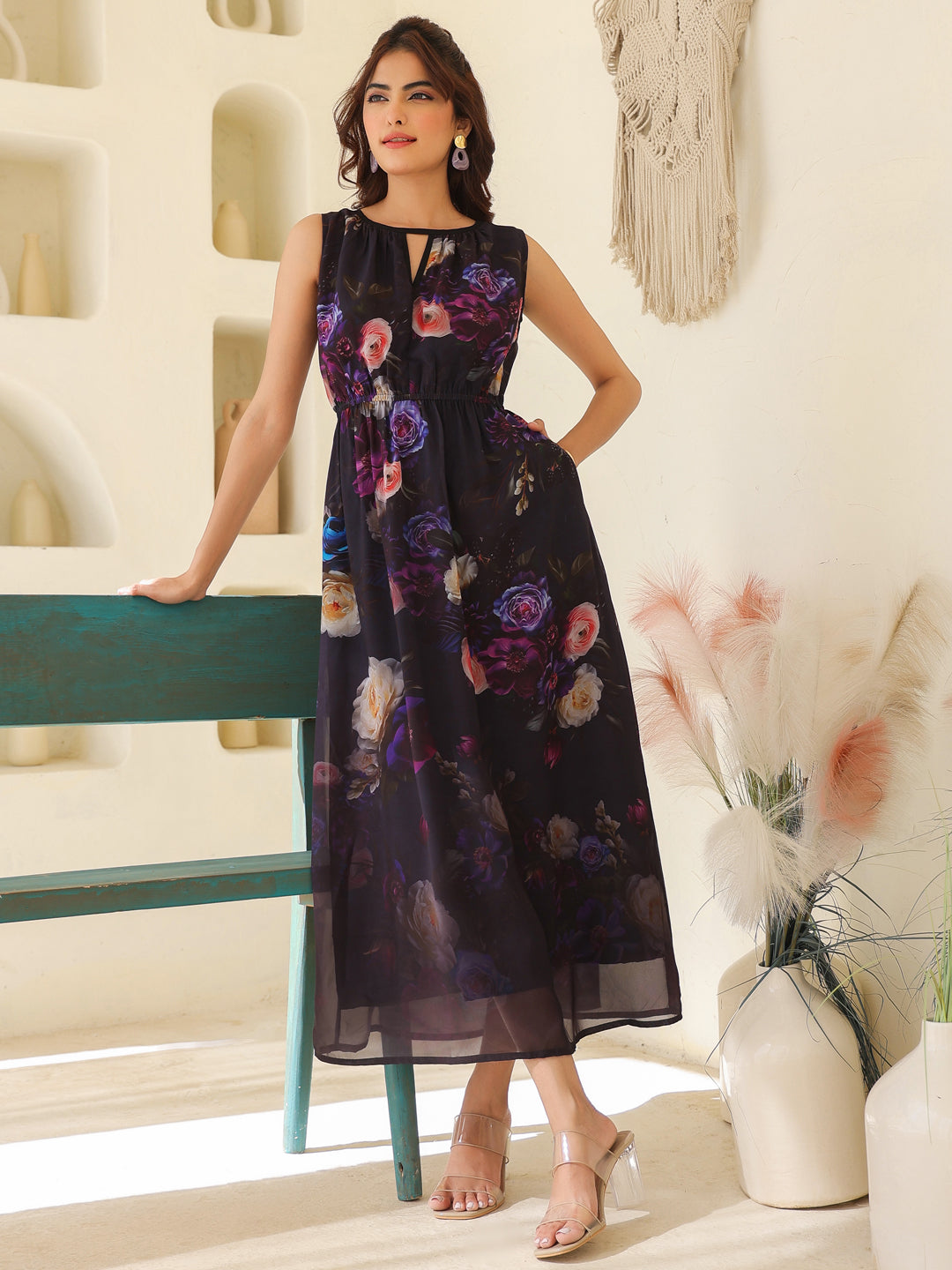 Ninnique Women's Black Georgette Floral Printed Gathered Dress