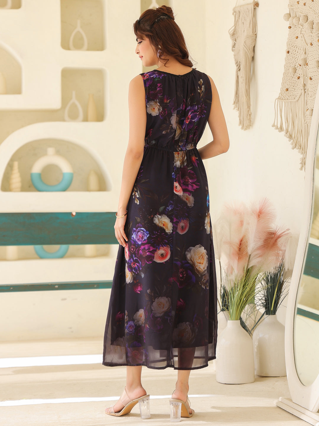 Ninnique Women's Black Georgette Floral Printed Gathered Dress