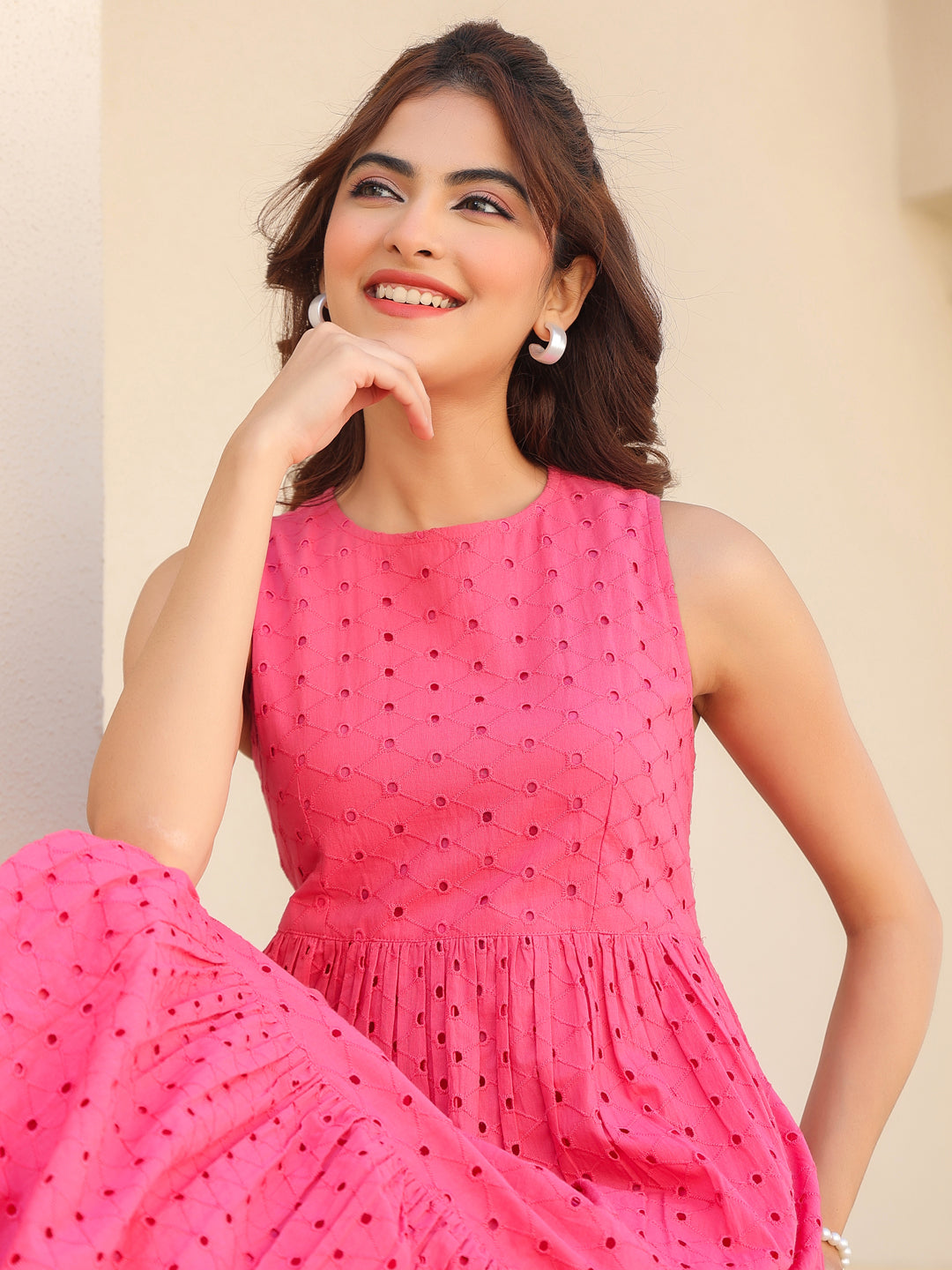 Ninnique Women's Pink Pure Cotton Schiffli Tiered Dress