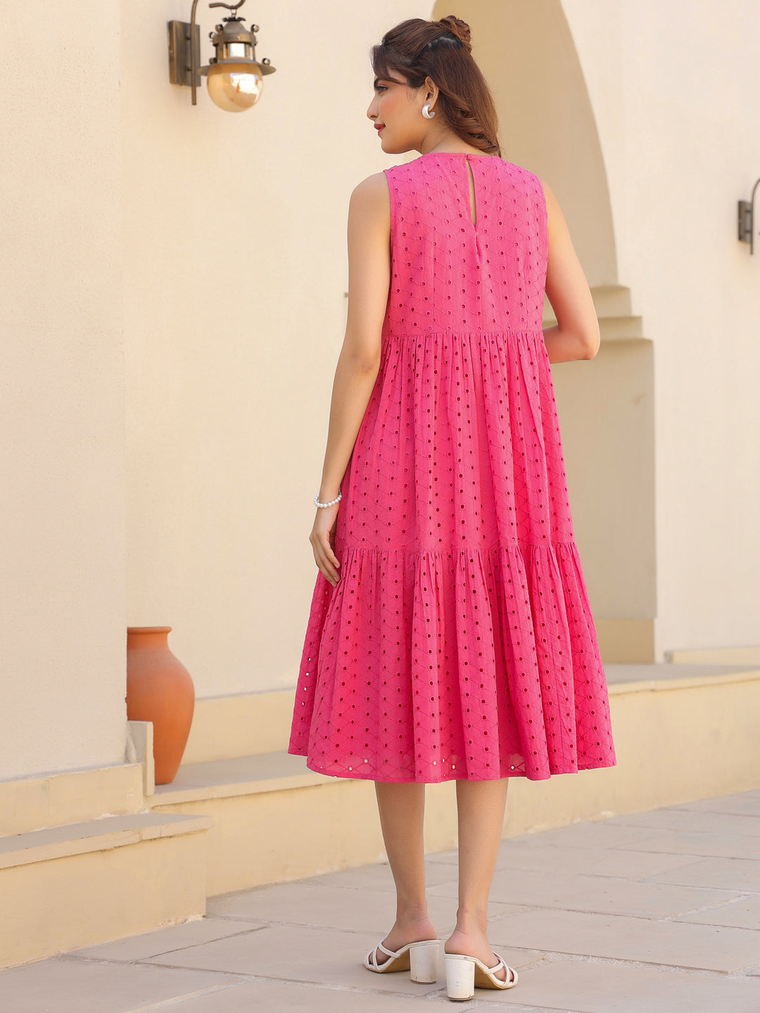 Ninnique Women's Pink Pure Cotton Schiffli Tiered Dress