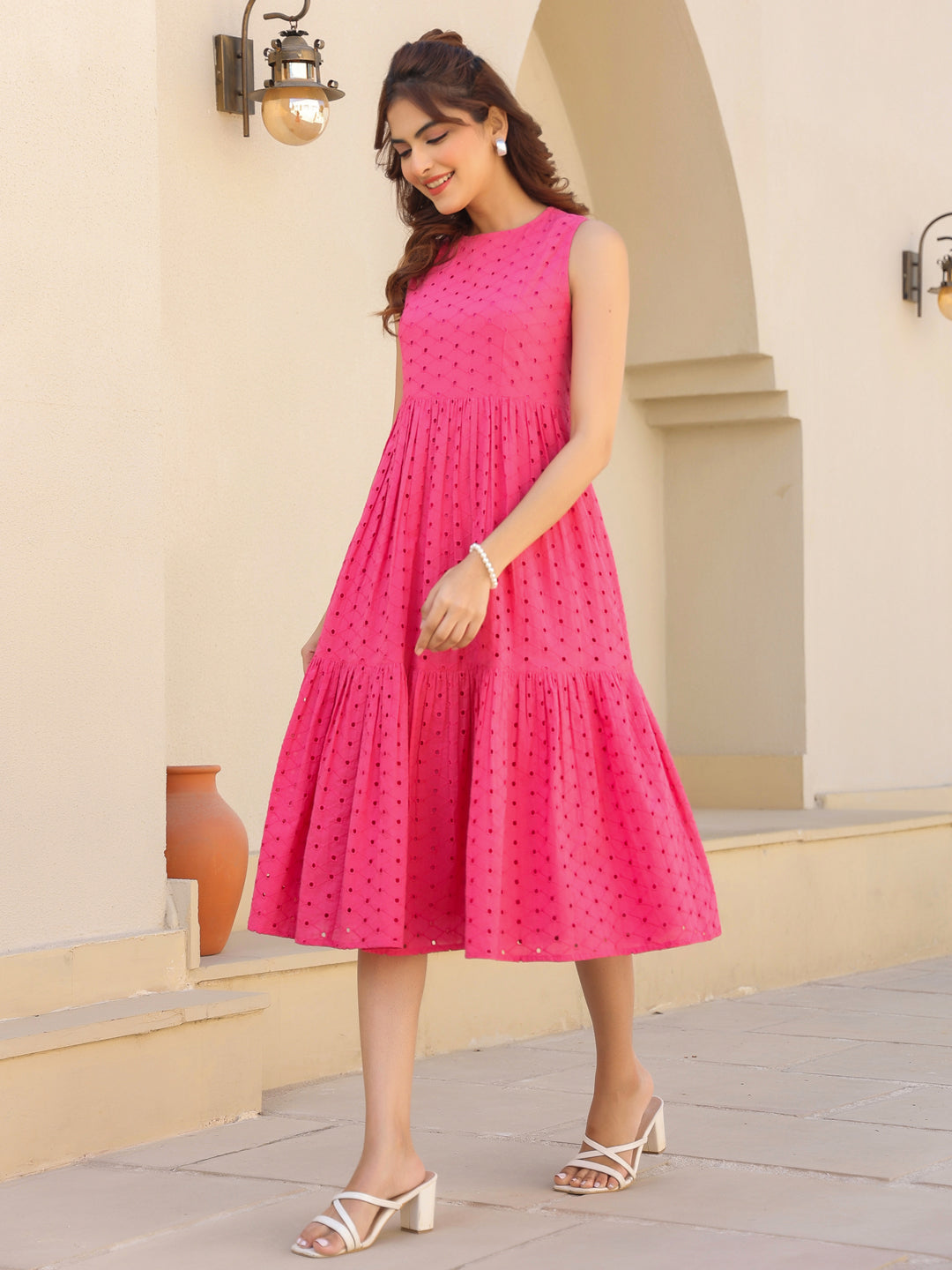 Ninnique Women's Pink Pure Cotton Schiffli Tiered Dress