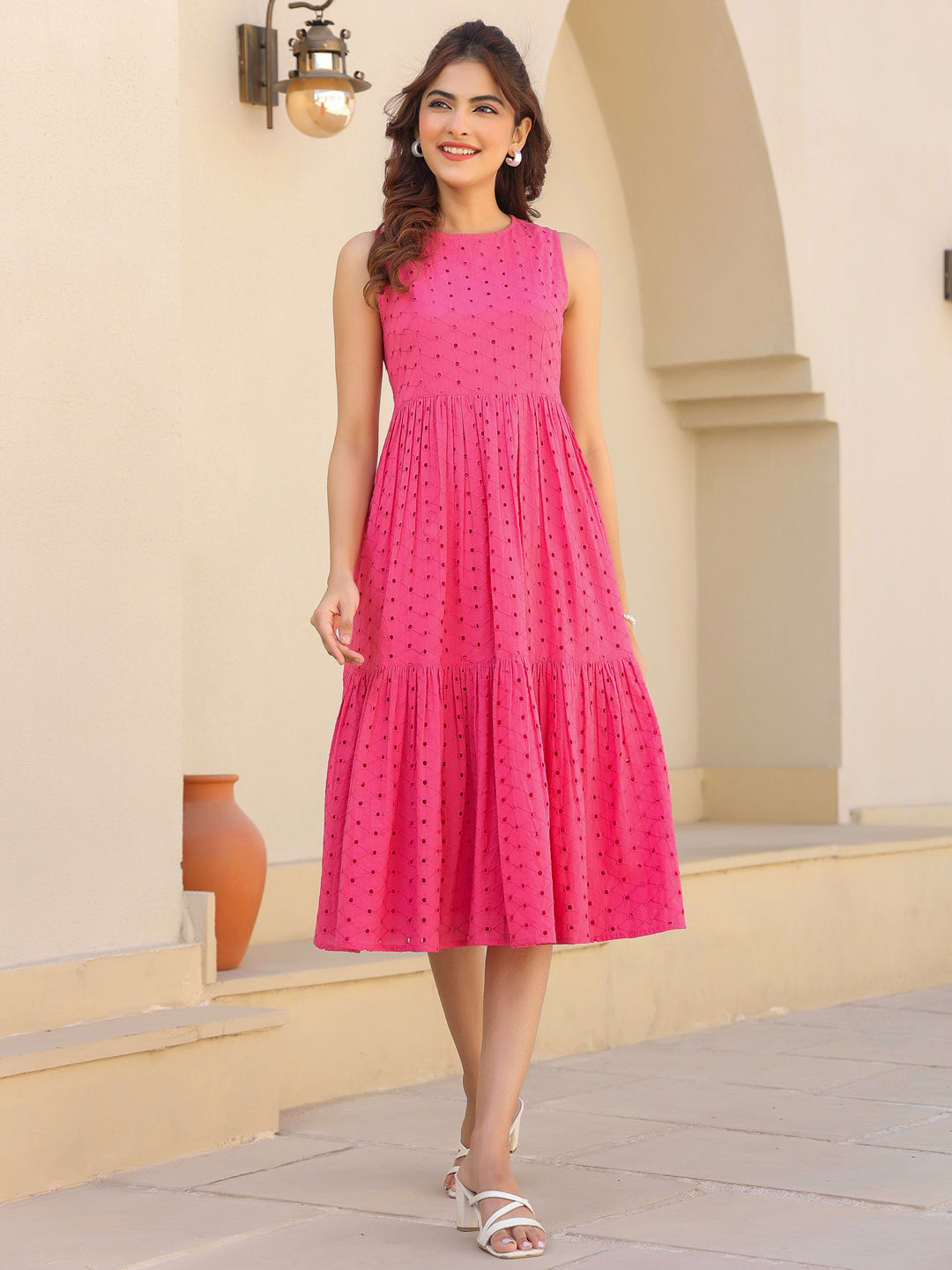Ninnique Women's Pink Pure Cotton Schiffli Tiered Dress
