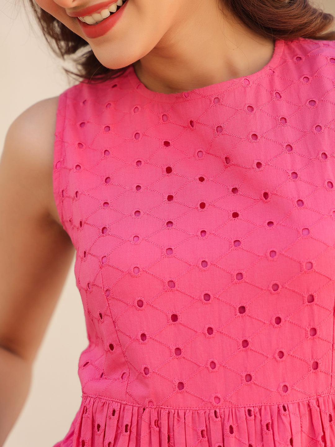 Ninnique Women's Pink Pure Cotton Schiffli Tiered Dress