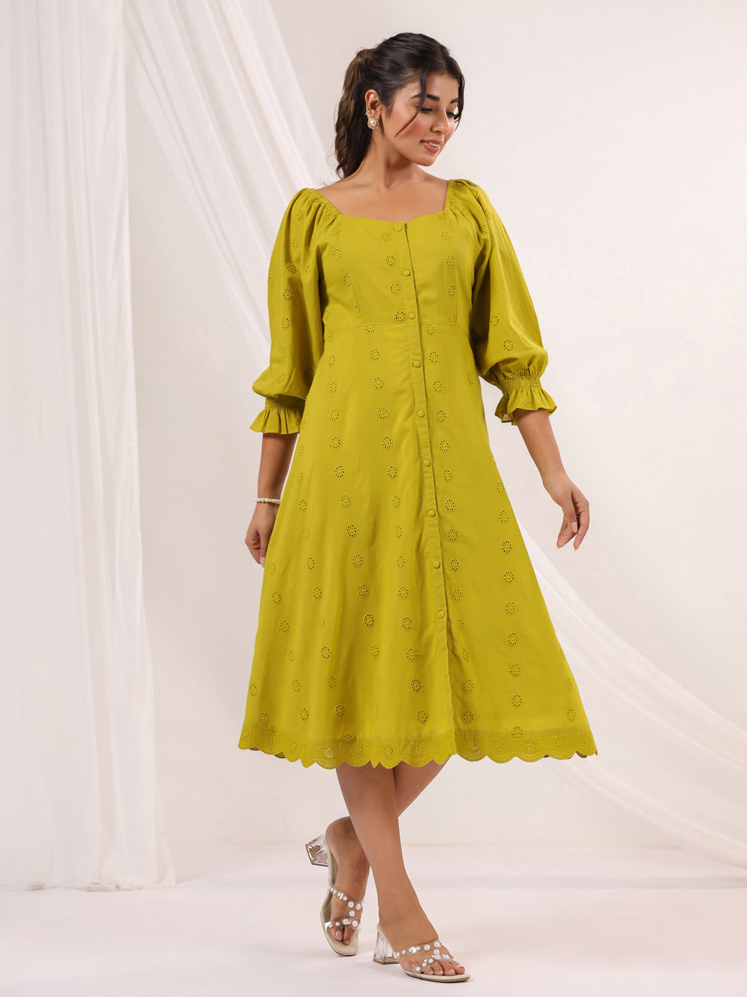 Ninnique Women's Lime Green Pure Cotton Schiffli A line Dress