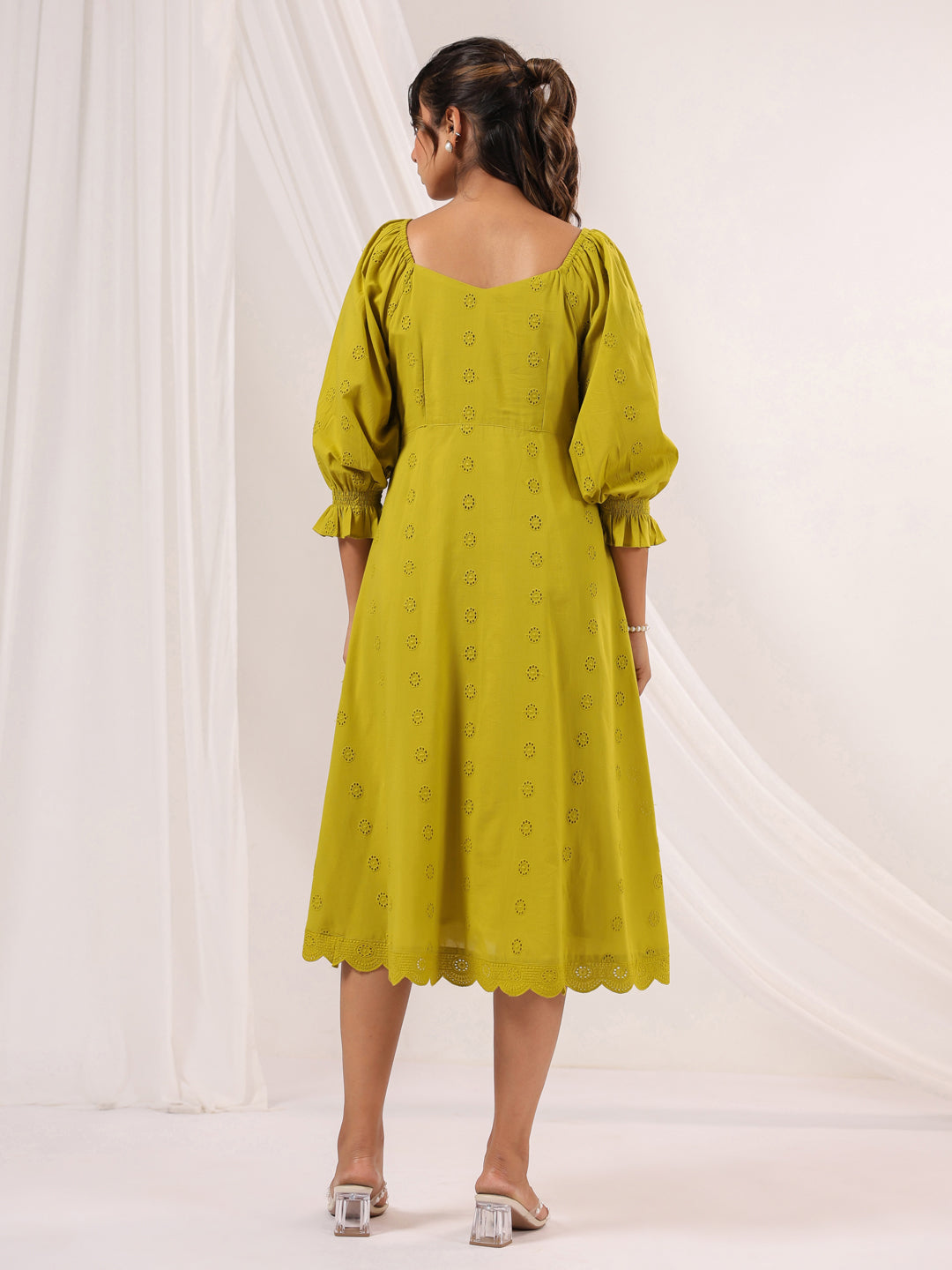 Ninnique Women's Lime Green Pure Cotton Schiffli A line Dress