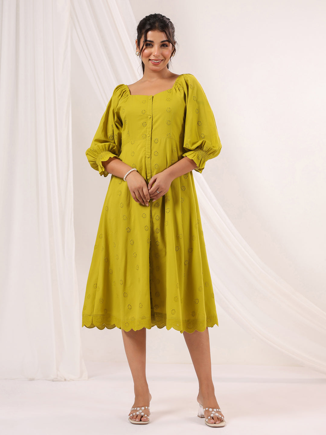 Ninnique Women's Lime Green Pure Cotton Schiffli A line Dress