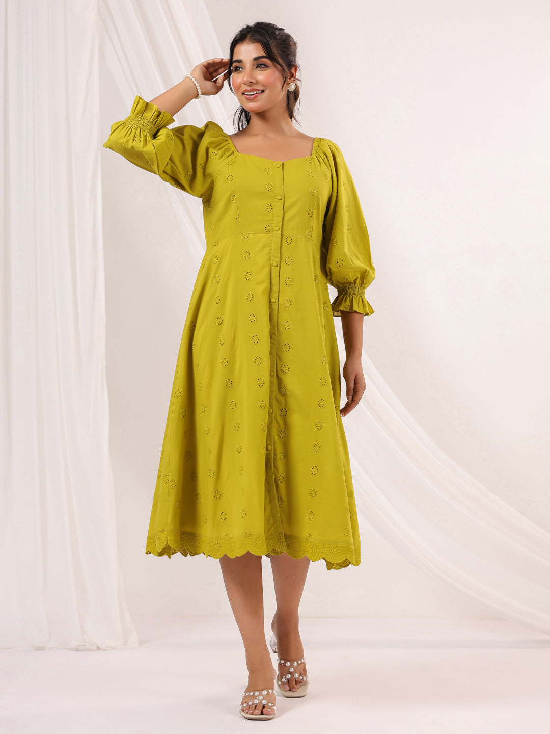Ninnique Women's Lime Green Pure Cotton Schiffli A line Dress