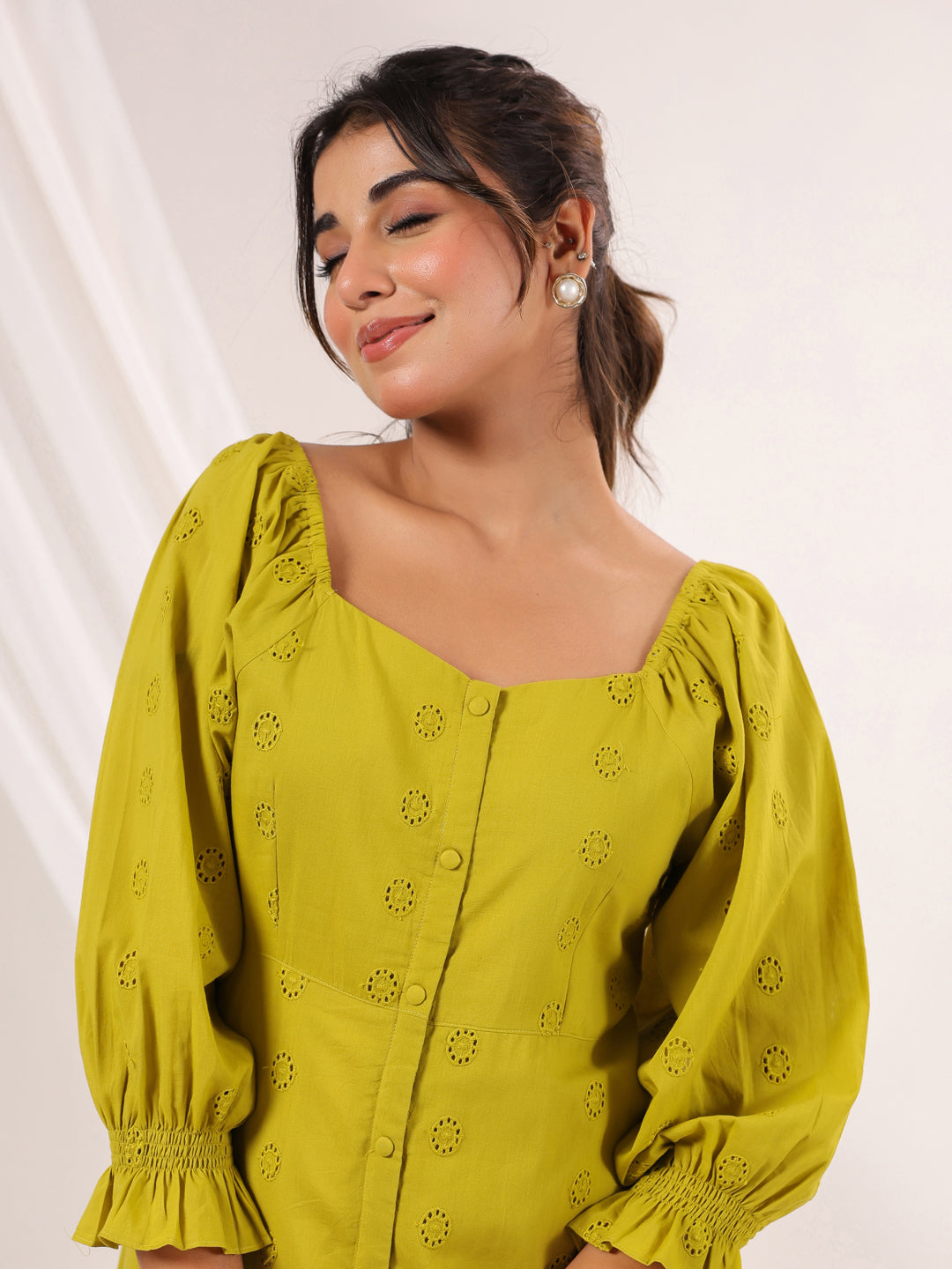 Ninnique Women's Lime Green Pure Cotton Schiffli A line Dress