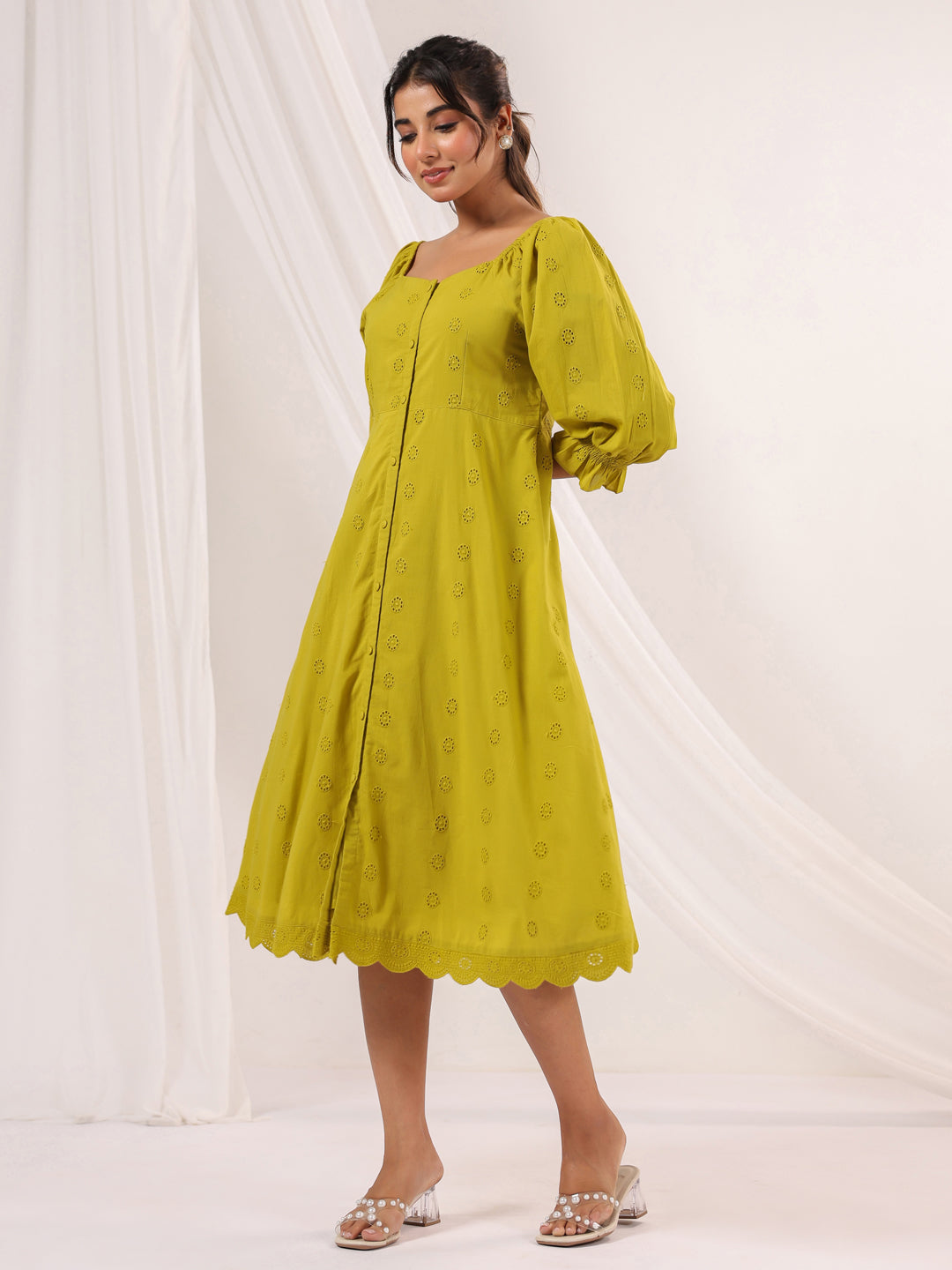 Ninnique Women's Lime Green Pure Cotton Schiffli A line Dress
