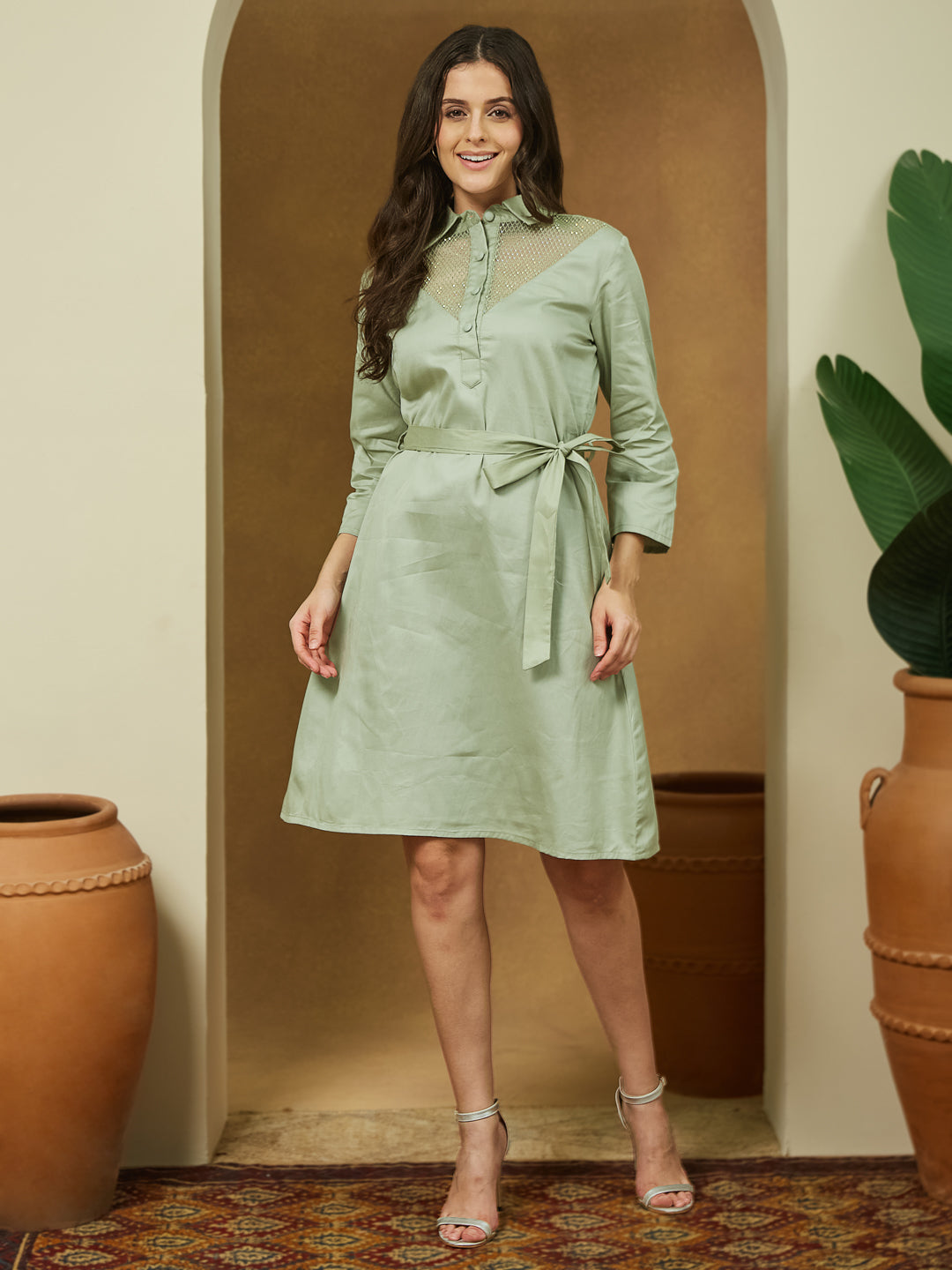Ninnique Women's Sage Green Cotton Embellished A-line Tie-up Dress