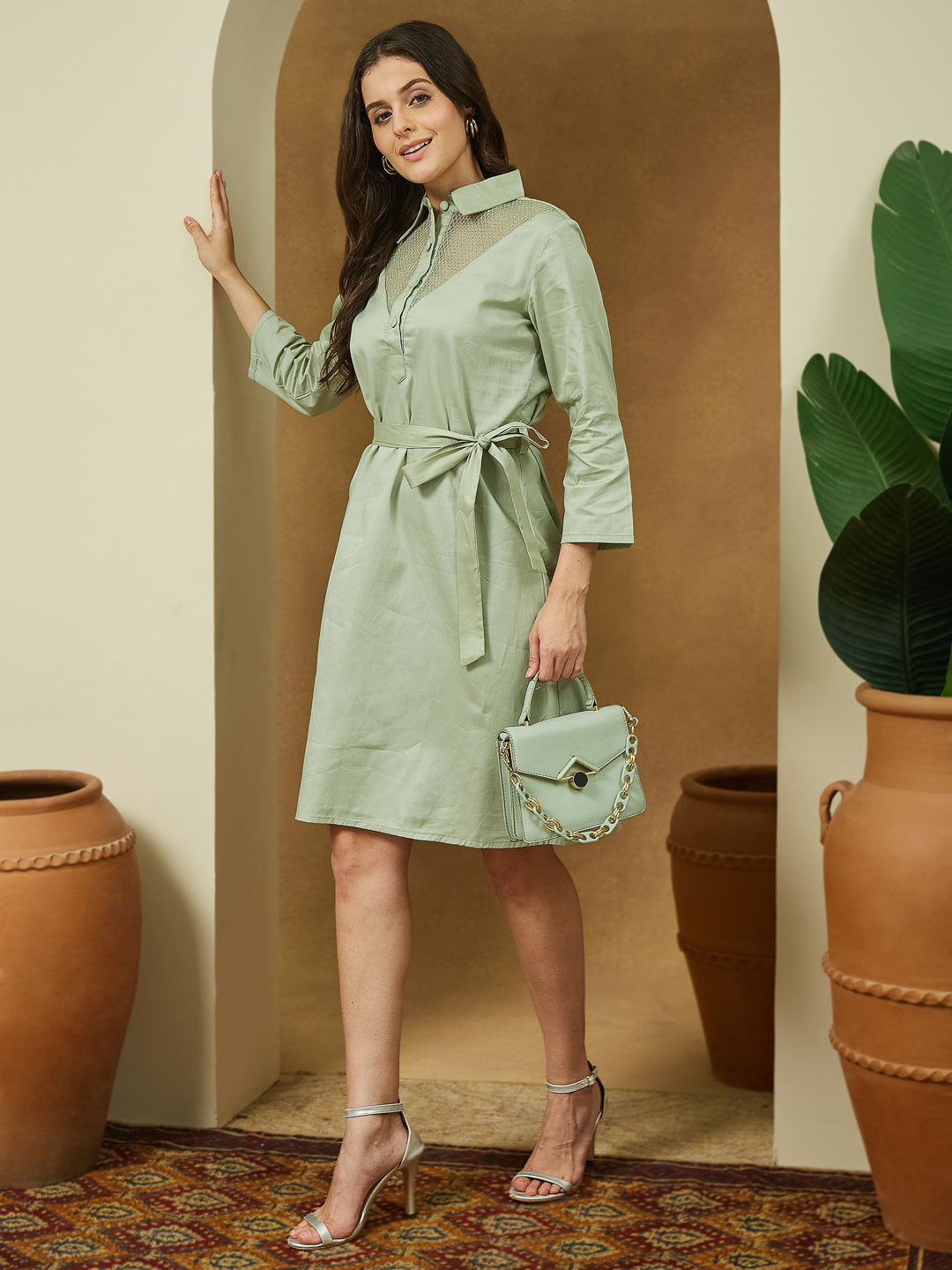 Ninnique Women's Sage Green Cotton Embellished A-line Tie-up Dress
