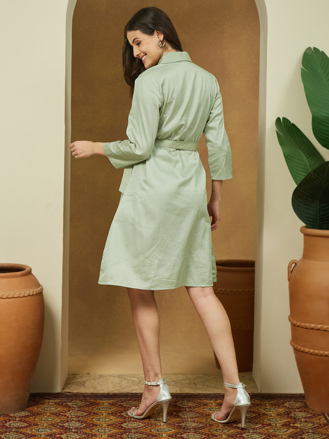Ninnique Women's Sage Green Cotton Embellished A-line Tie-up Dress