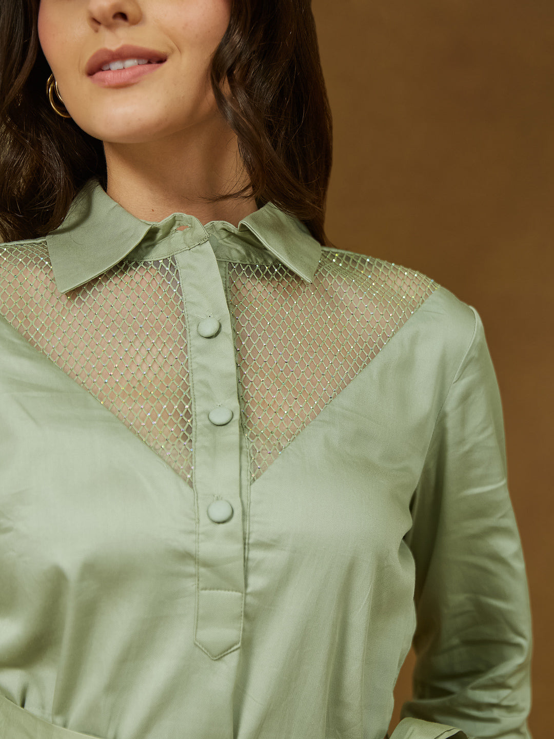 Ninnique Women's Sage Green Cotton Embellished A-line Tie-up Dress