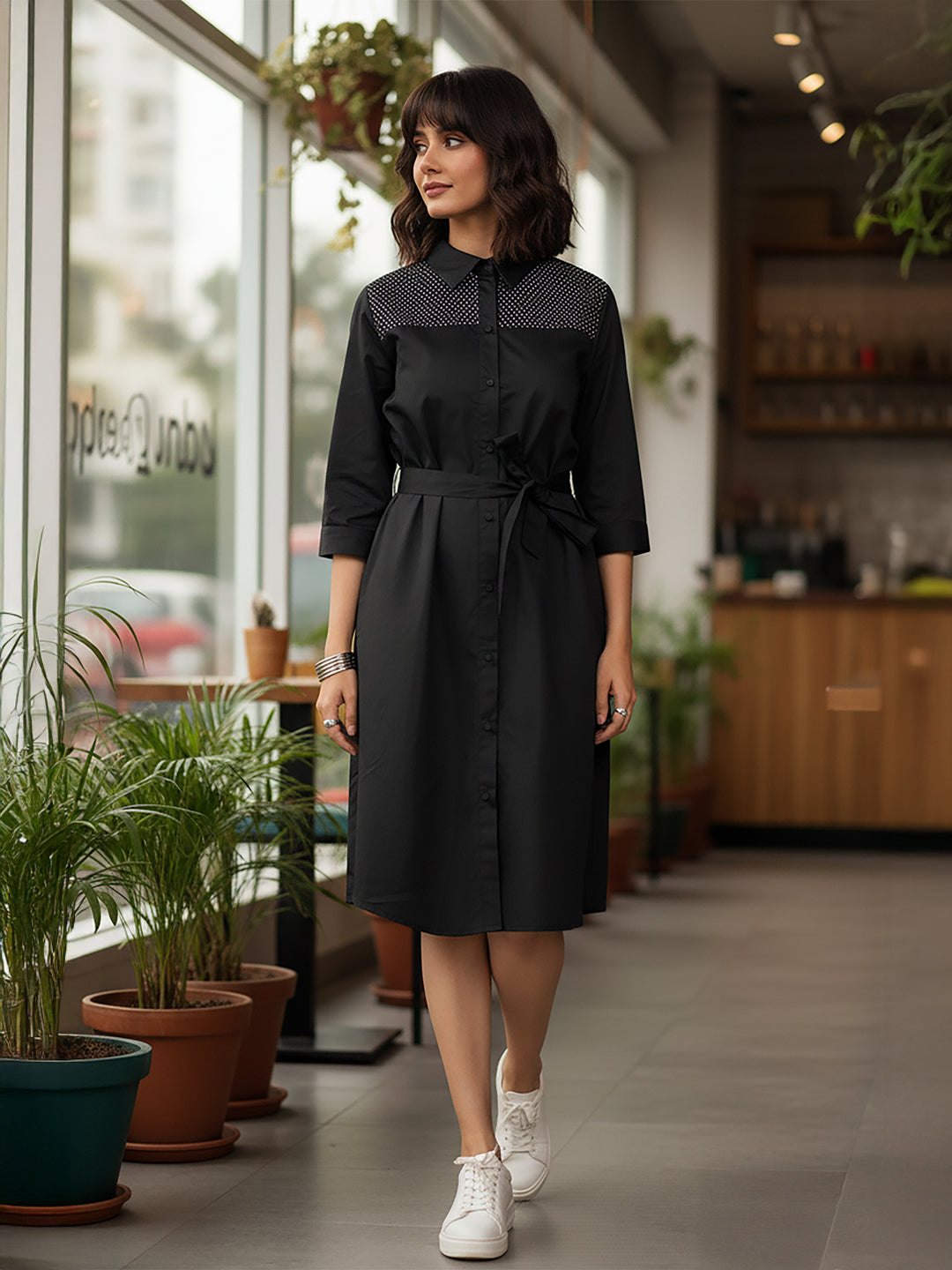 Ninnique Women's Black Cotton Embellished A-line Button Down Shirt Dress