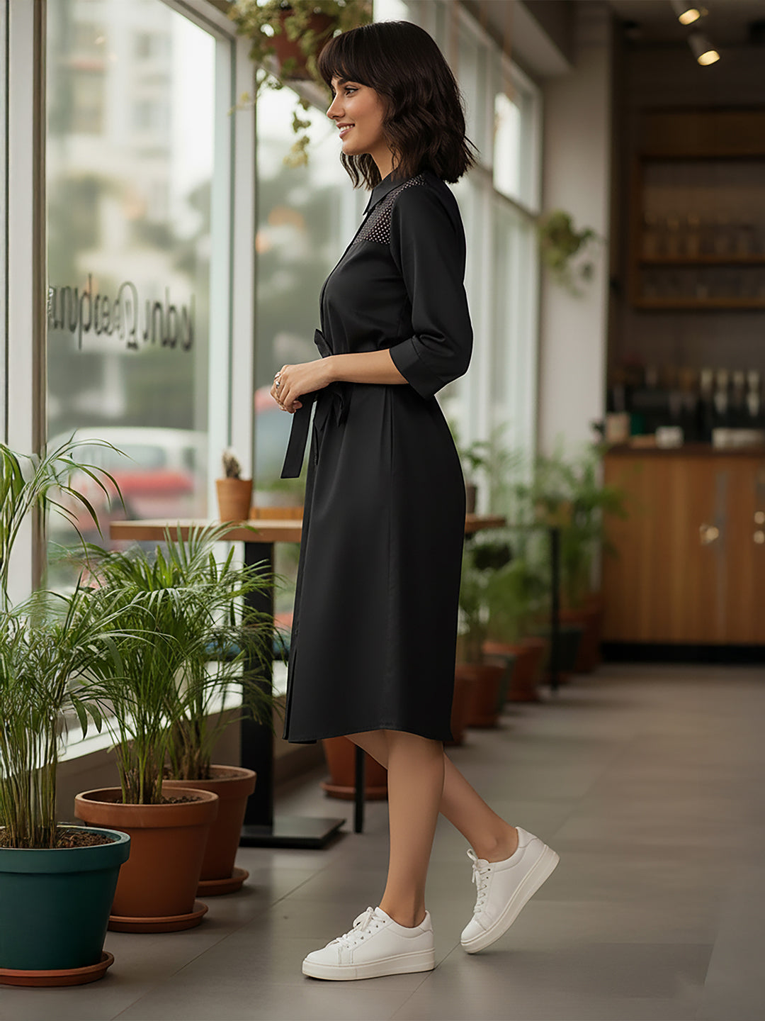 Ninnique Women's Black Cotton Embellished A-line Button Down Shirt Dress