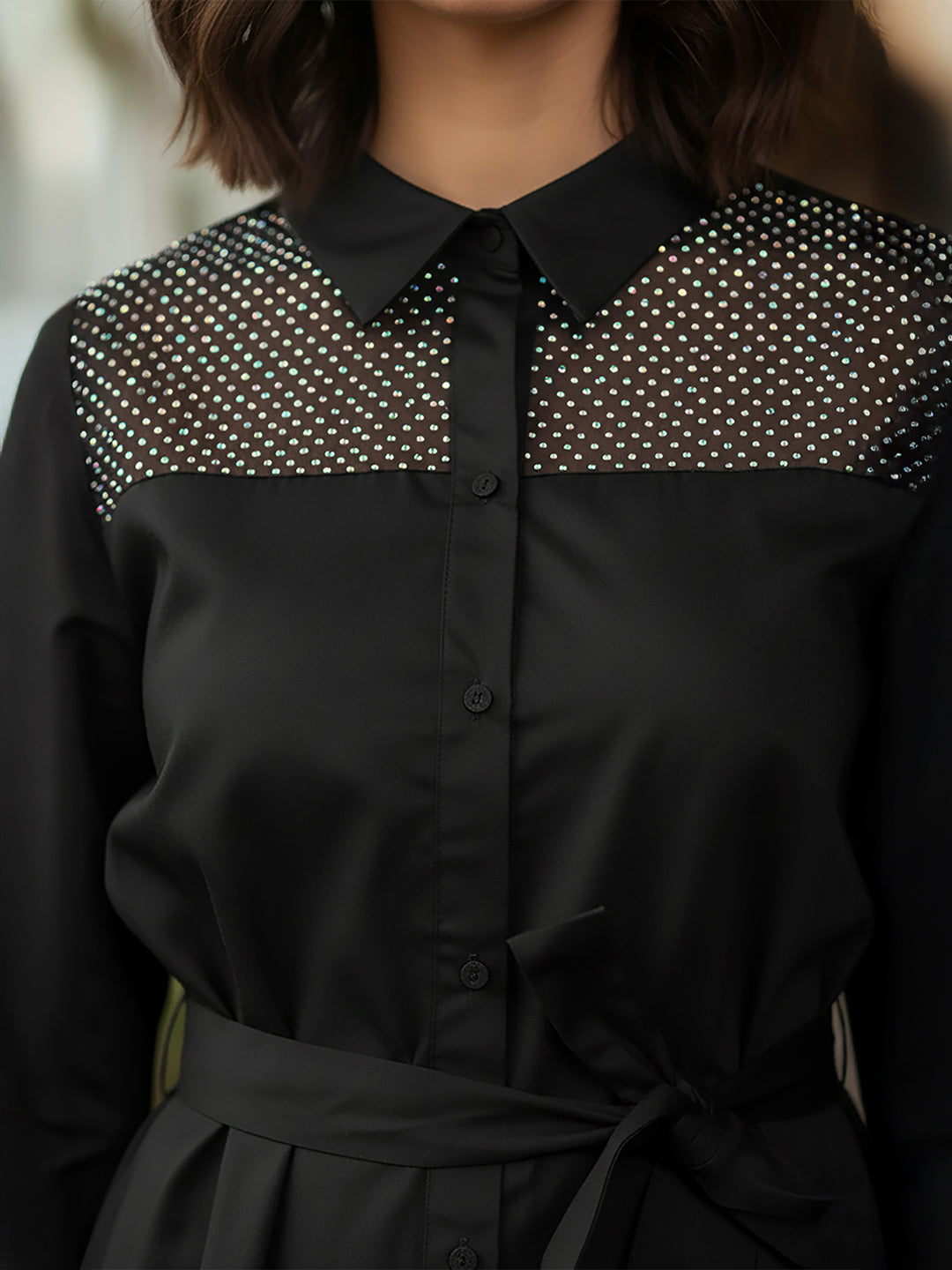 Ninnique Women's Black Cotton Embellished A-line Button Down Shirt Dress