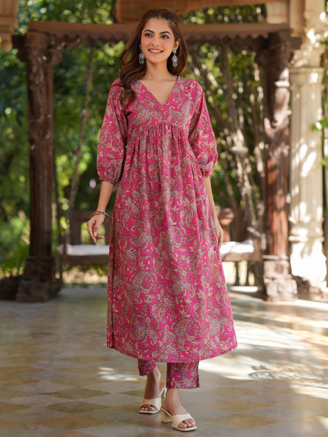 Pink Pure Cotton Floral Printed A-Line Kurta Pant Set