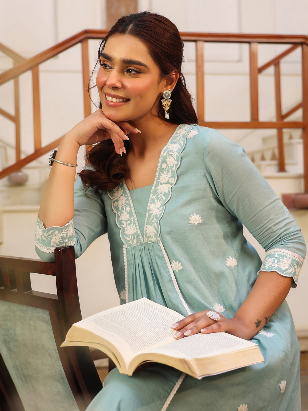 Light Blue Pure Cotton Embroidered A-line Kurta Pant Set