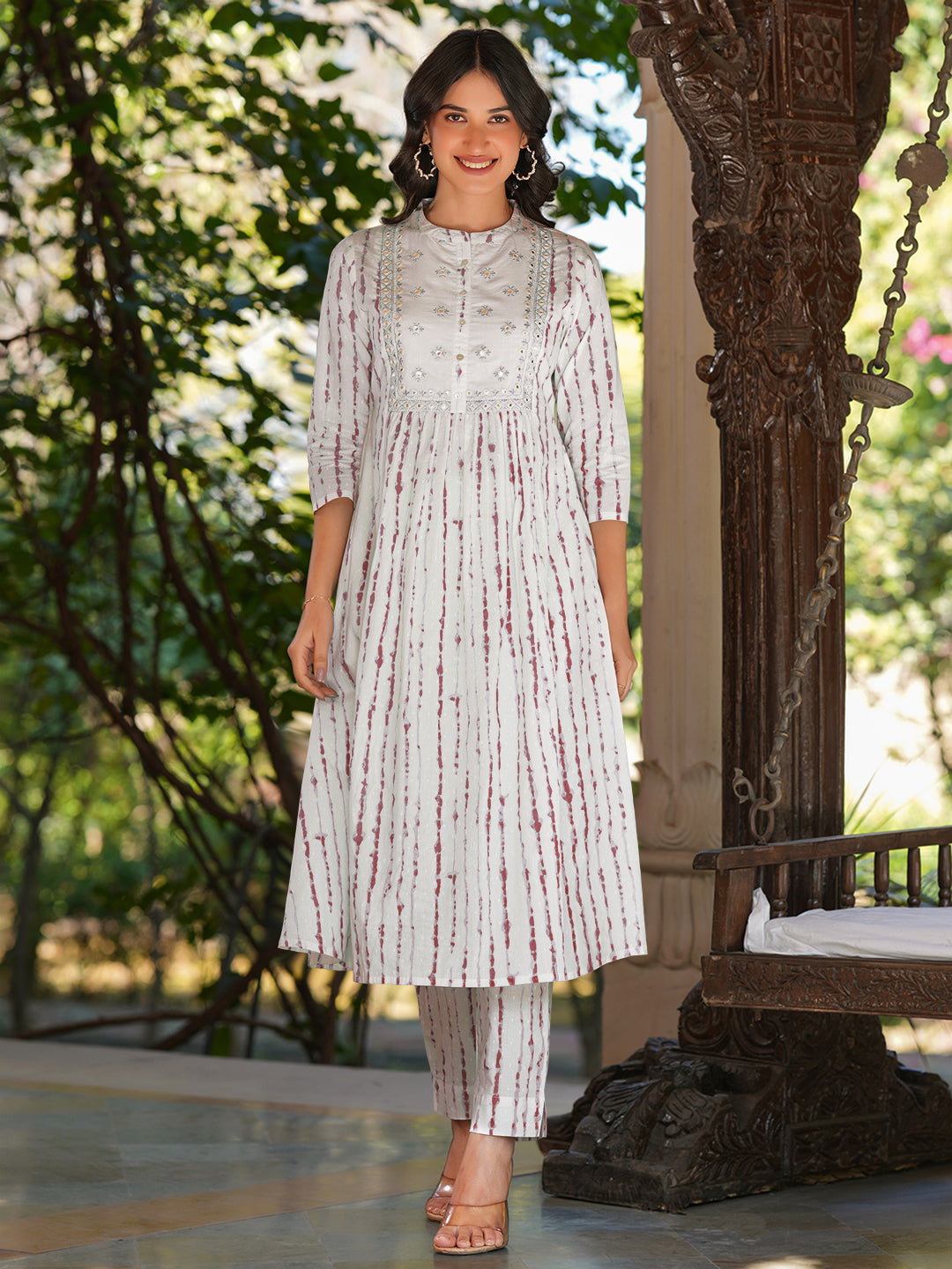 Ninnique Women's White Pure Cotton Tie & Dye With Mirror Work A-line Kurta Pant Set