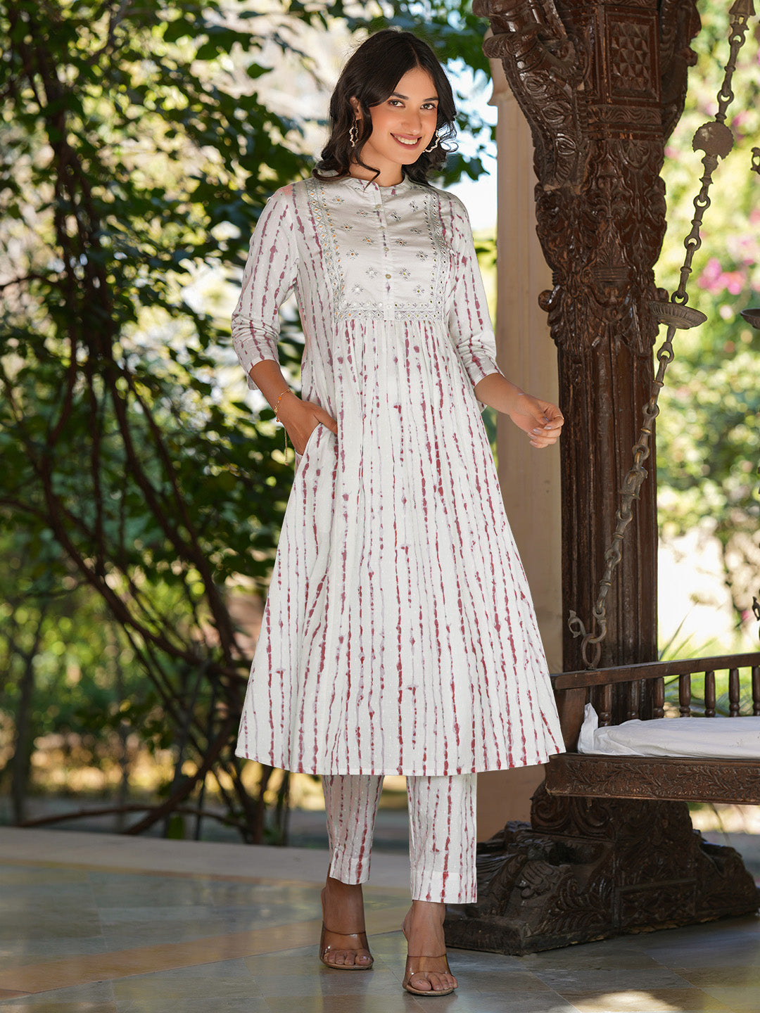 Ninnique Women's White Pure Cotton Tie & Dye With Mirror Work A-line Kurta Pant Set