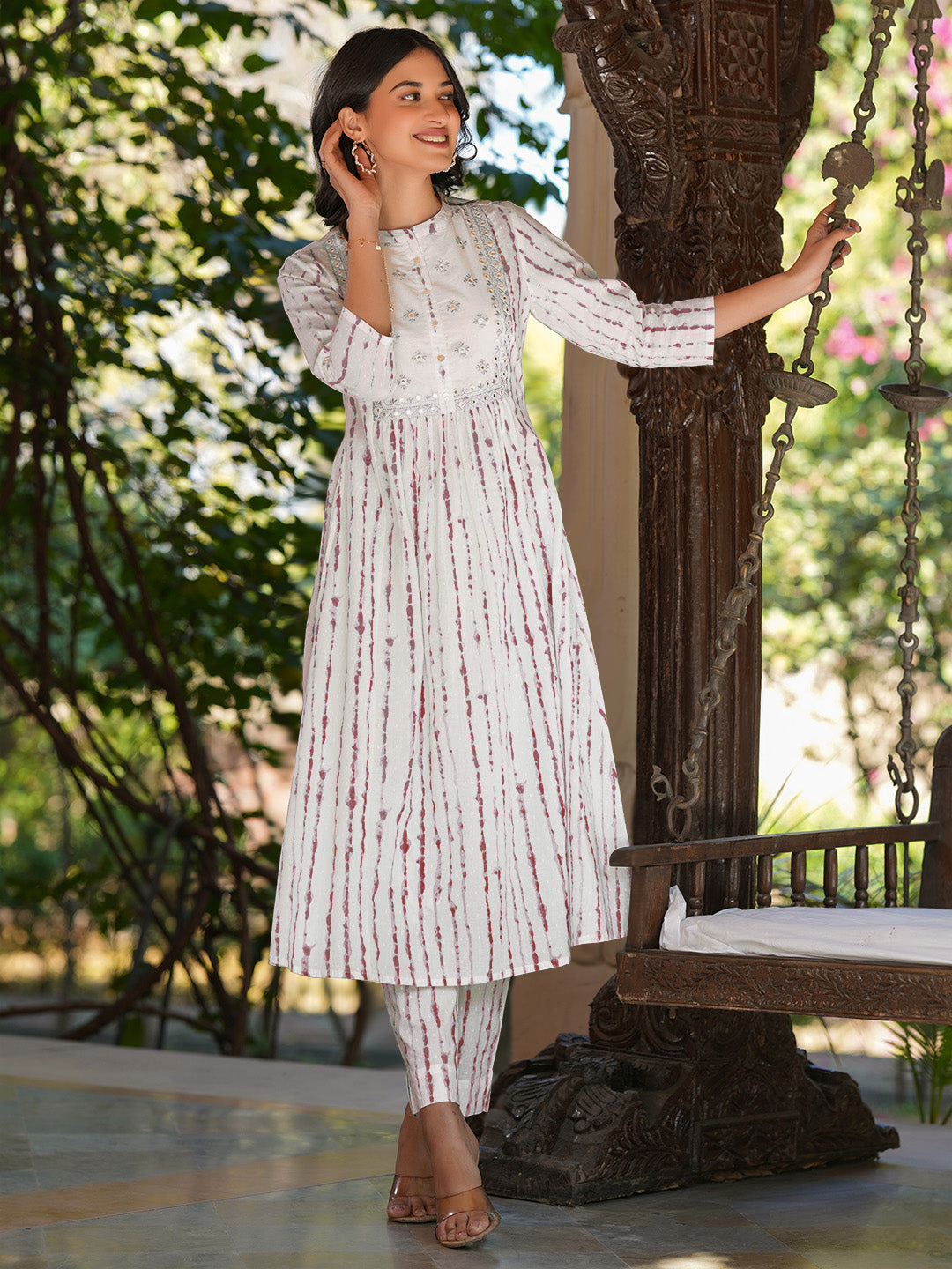 Ninnique Women's White Pure Cotton Tie & Dye With Mirror Work A-line Kurta Pant Set