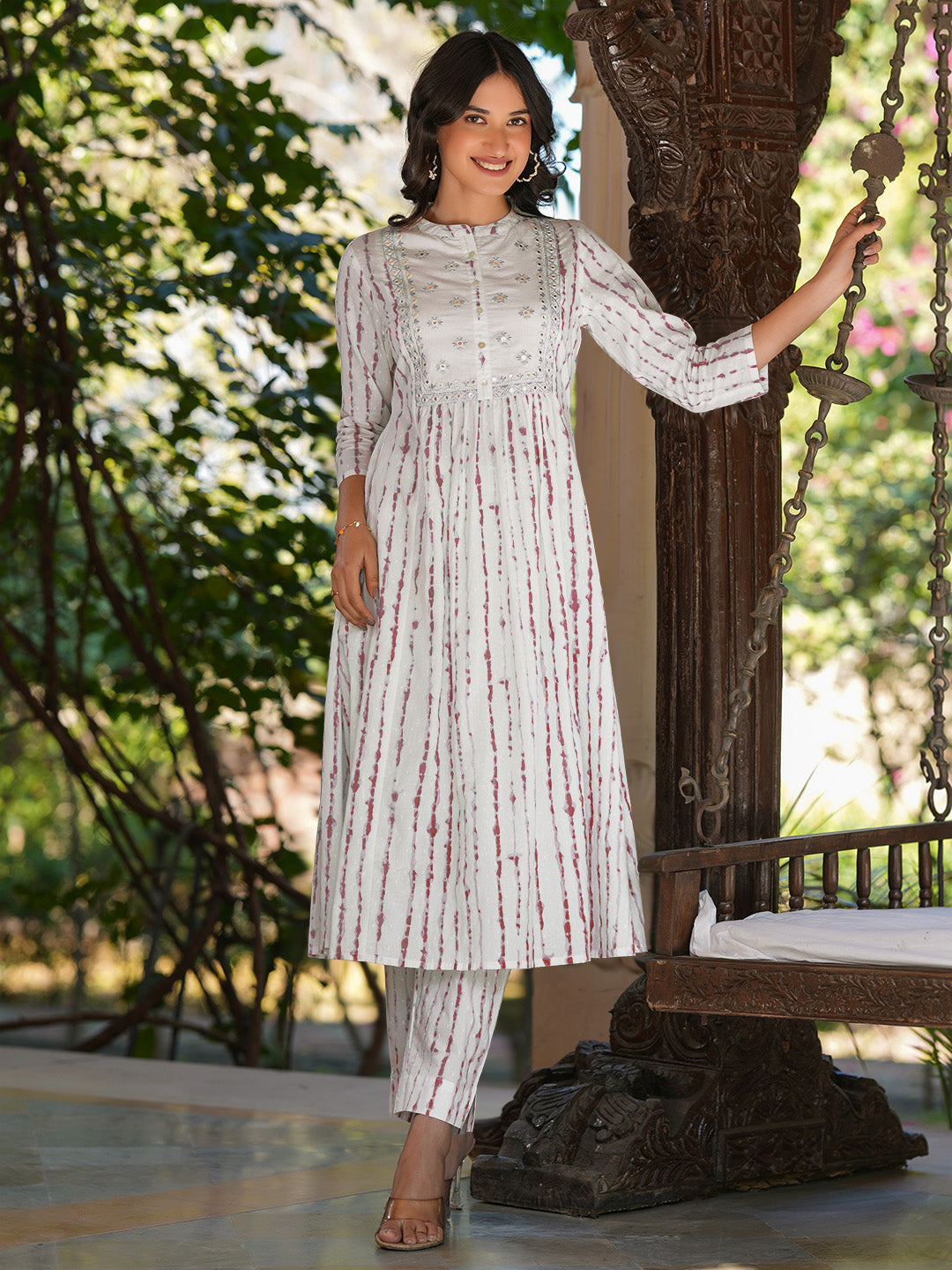 Ninnique Women's White Pure Cotton Tie & Dye With Mirror Work A-line Kurta Pant Set