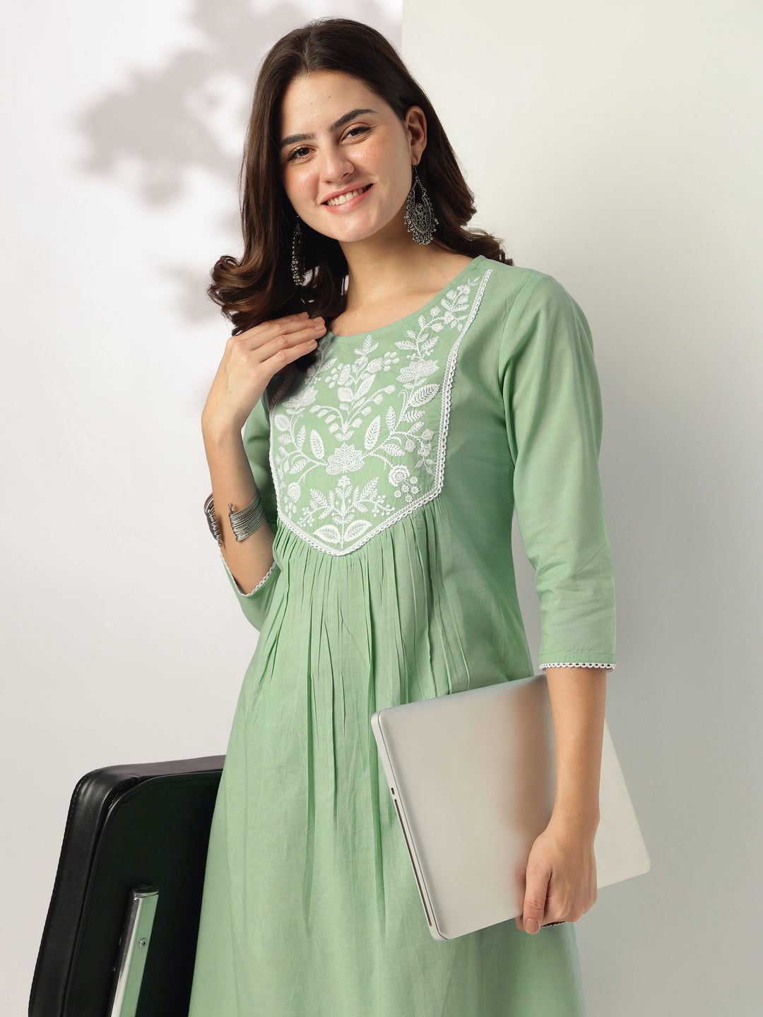 Ninnique Women's Light Green Pure Cotton Yoke Embroidery A-line Kurta