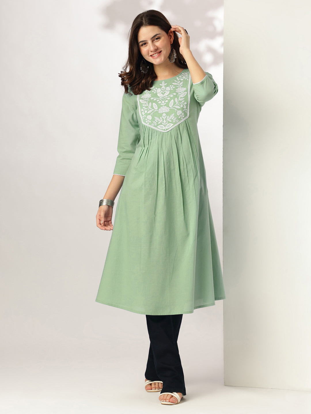 Ninnique Women's Light Green Pure Cotton Yoke Embroidery A-line Kurta