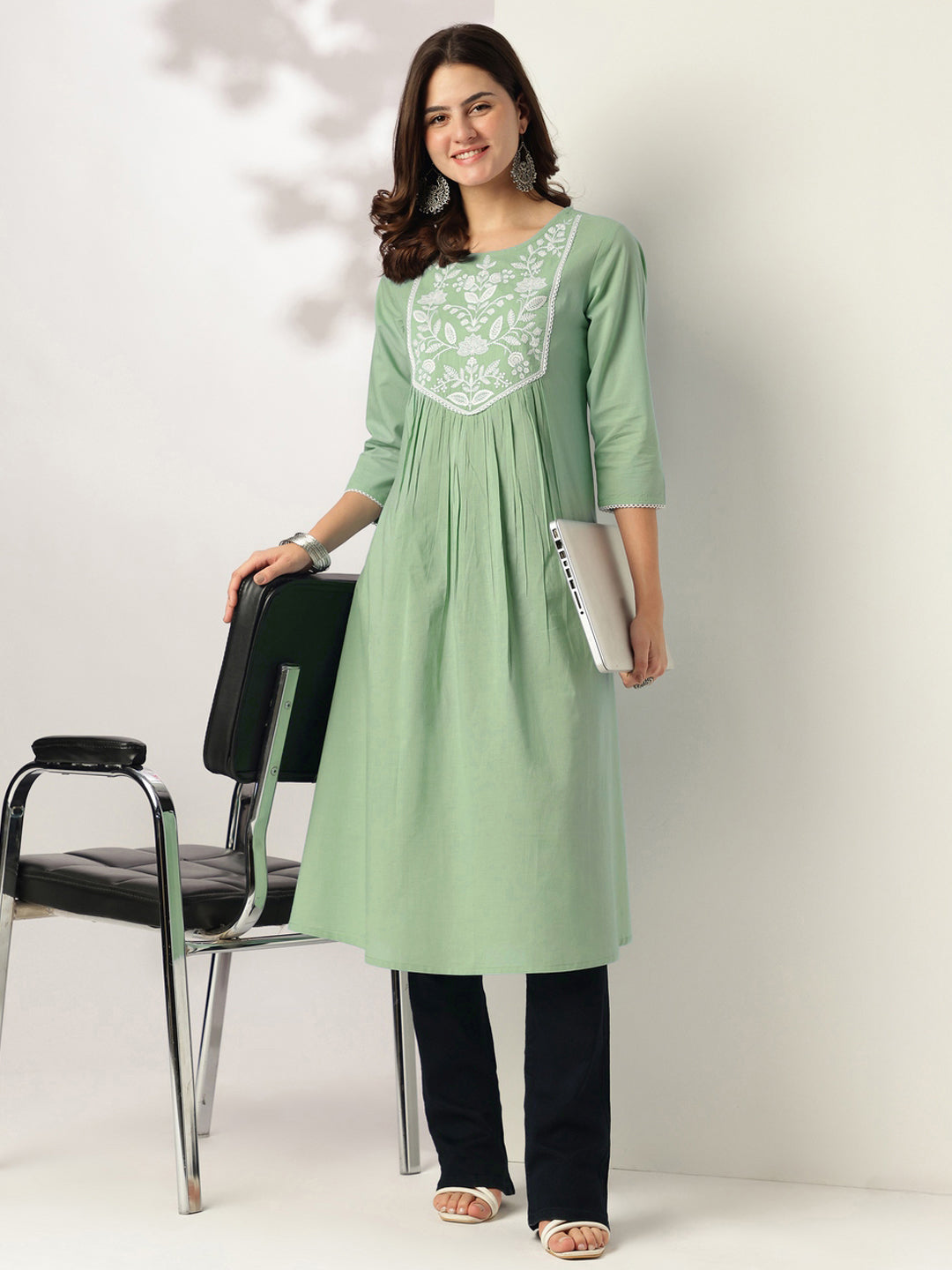 Ninnique Women's Light Green Pure Cotton Yoke Embroidery A-line Kurta
