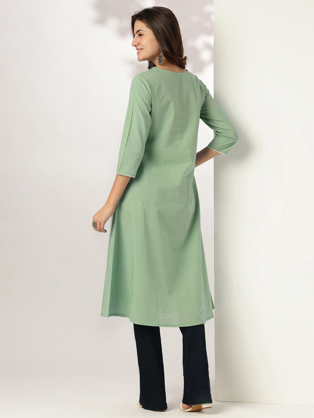Ninnique Women's Light Green Pure Cotton Yoke Embroidery A-line Kurta