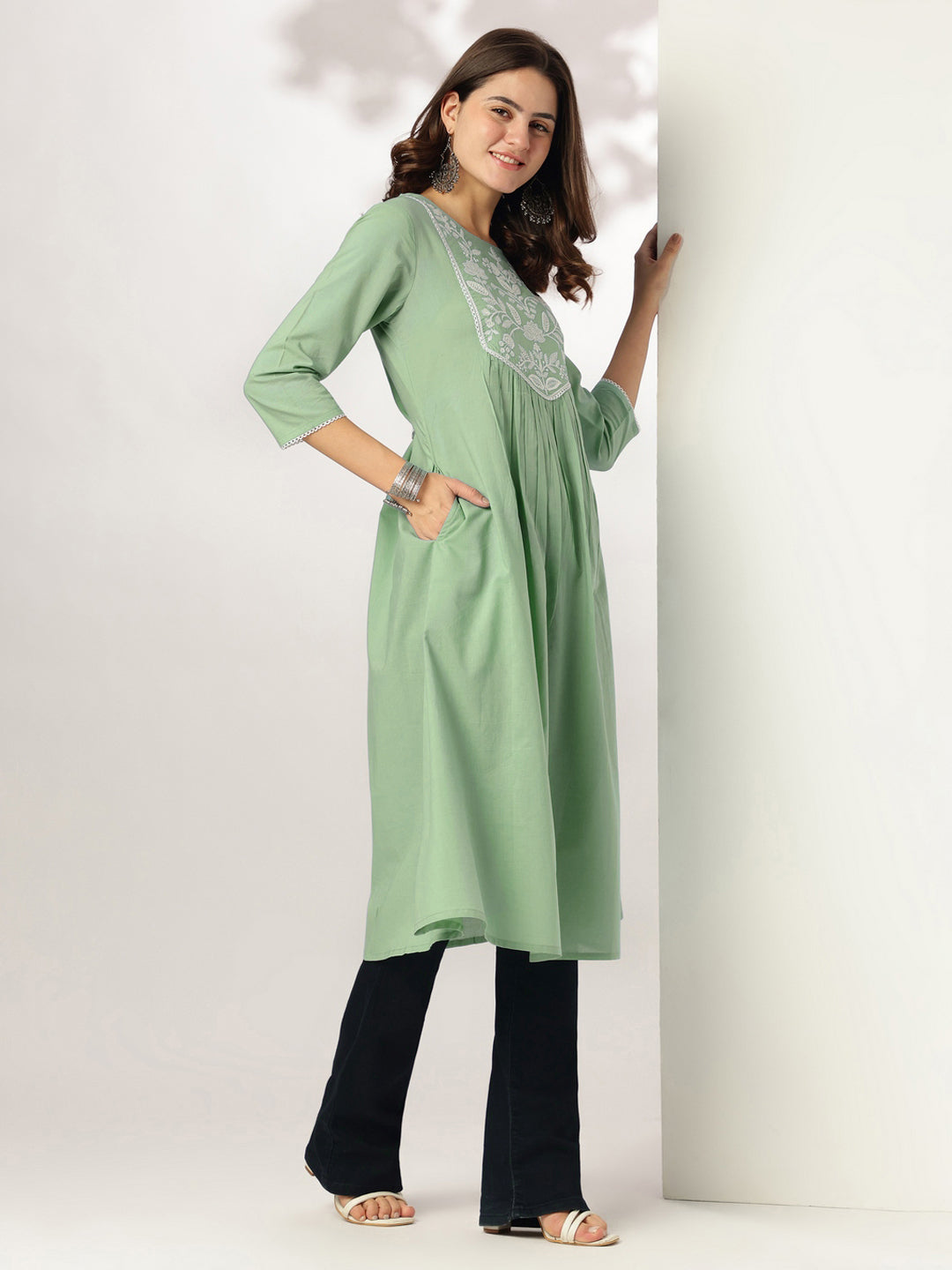 Ninnique Women's Light Green Pure Cotton Yoke Embroidery A-line Kurta