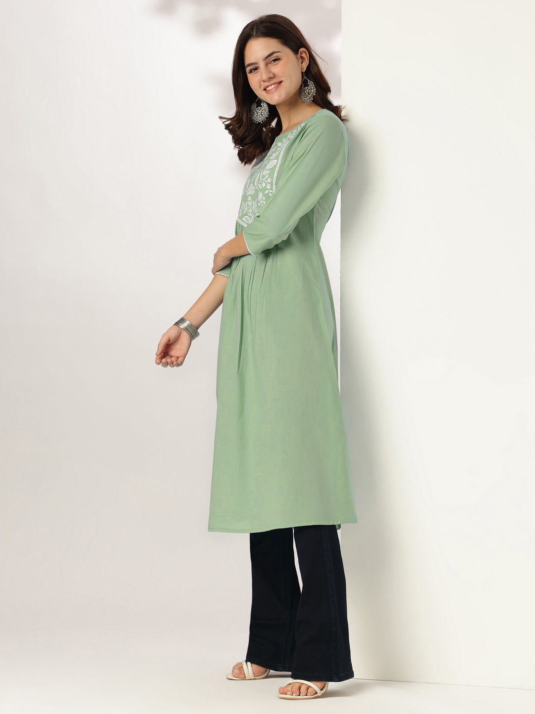 Ninnique Women's Light Green Pure Cotton Yoke Embroidery A-line Kurta