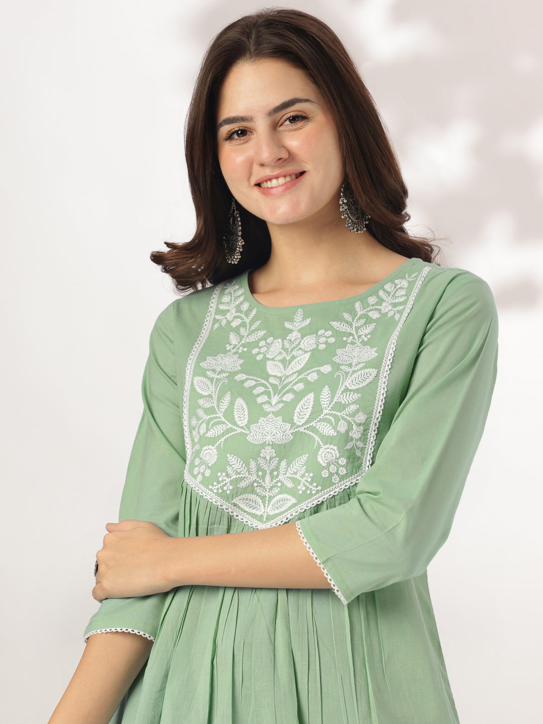 Ninnique Women's Light Green Pure Cotton Yoke Embroidery A-line Kurta