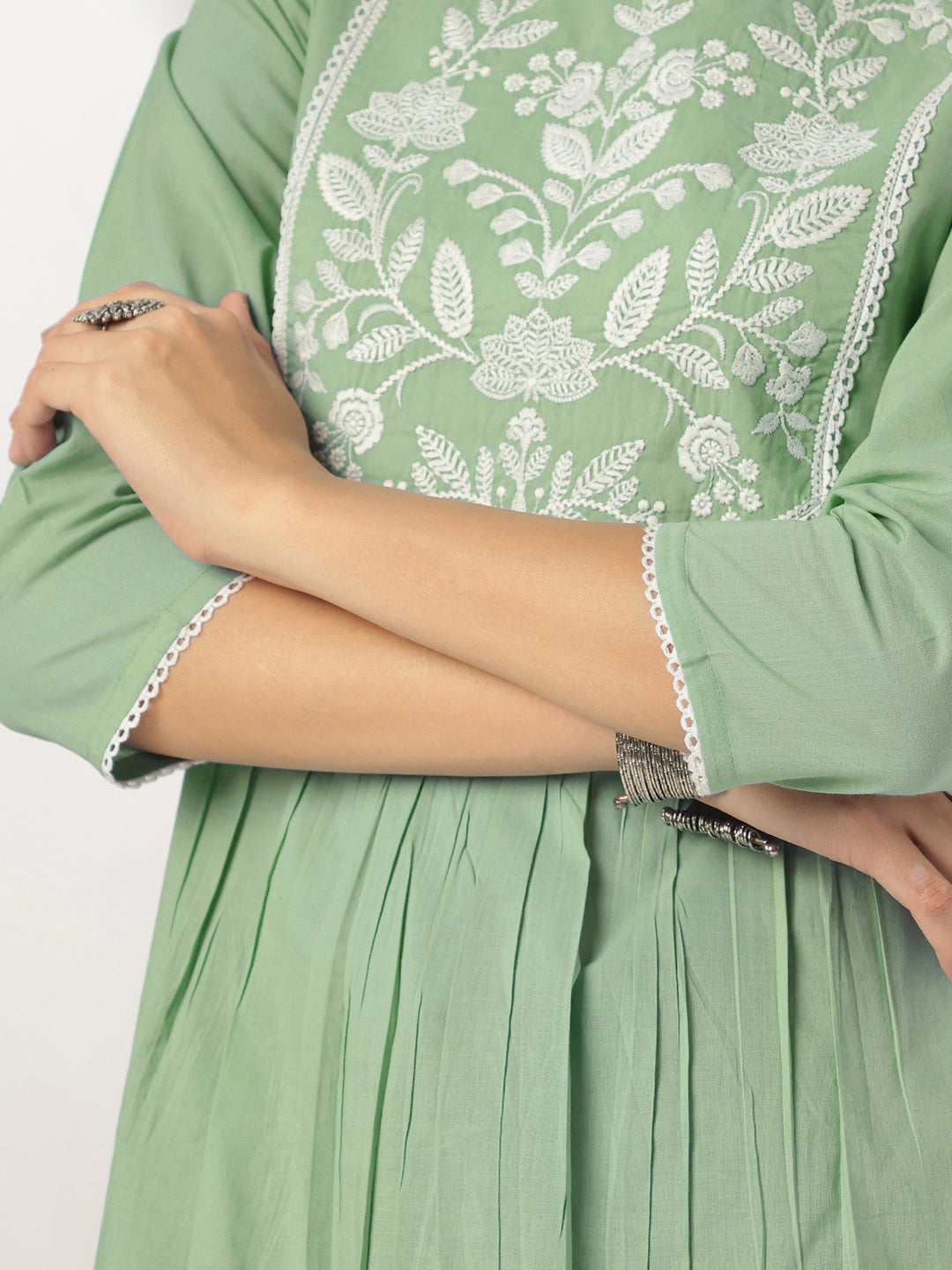 Ninnique Women's Light Green Pure Cotton Yoke Embroidery A-line Kurta