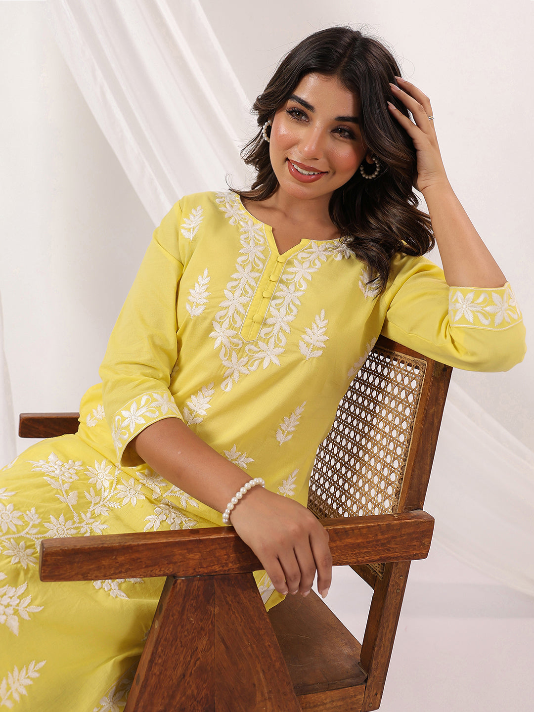 Ninnique Women's Yellow Pure Cotton Embroidered Straight Kurta