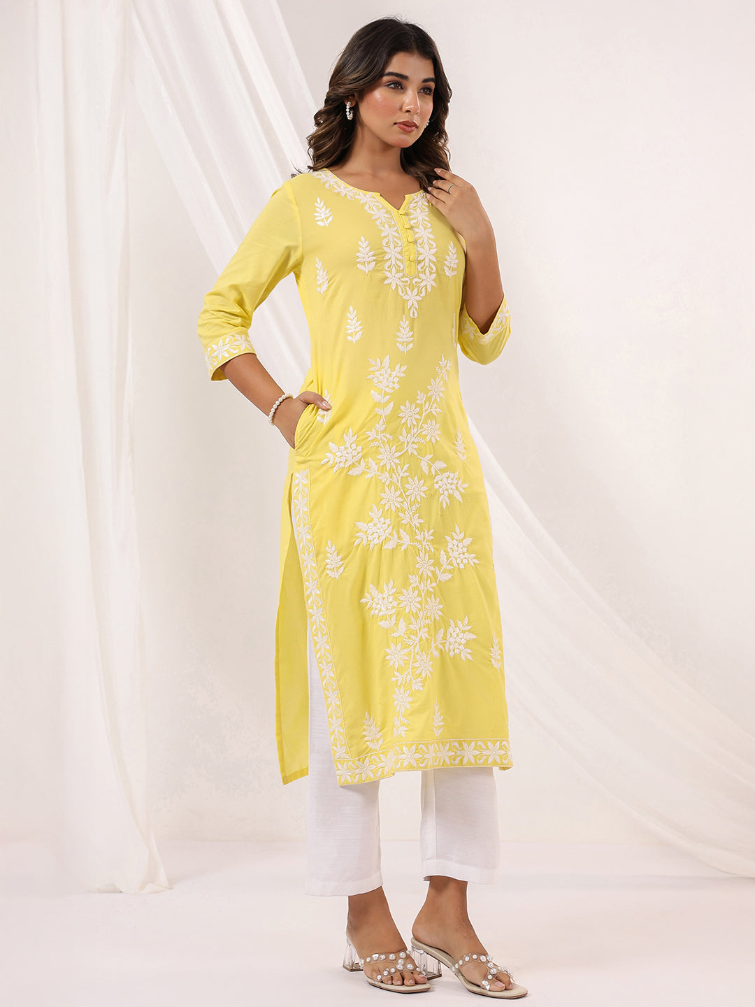 Ninnique Women's Yellow Pure Cotton Embroidered Straight Kurta