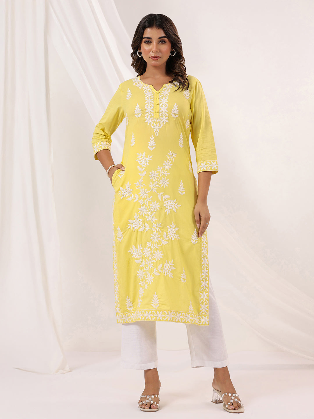 Ninnique Women's Yellow Pure Cotton Embroidered Straight Kurta